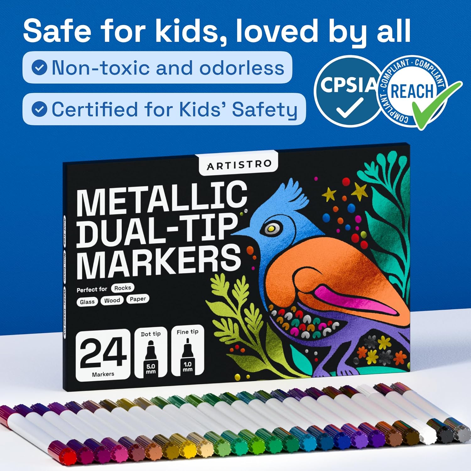 ARTISTRO 24 Metallic Acrylic Paint Markers for Rock, Fabric, Wood, Glass, Decoration - Dual-Tip Paint Pens for Coloring Books for Adults, Teens, Kids - Art and Craft Supplies Kit - Gift Idea - Image 7