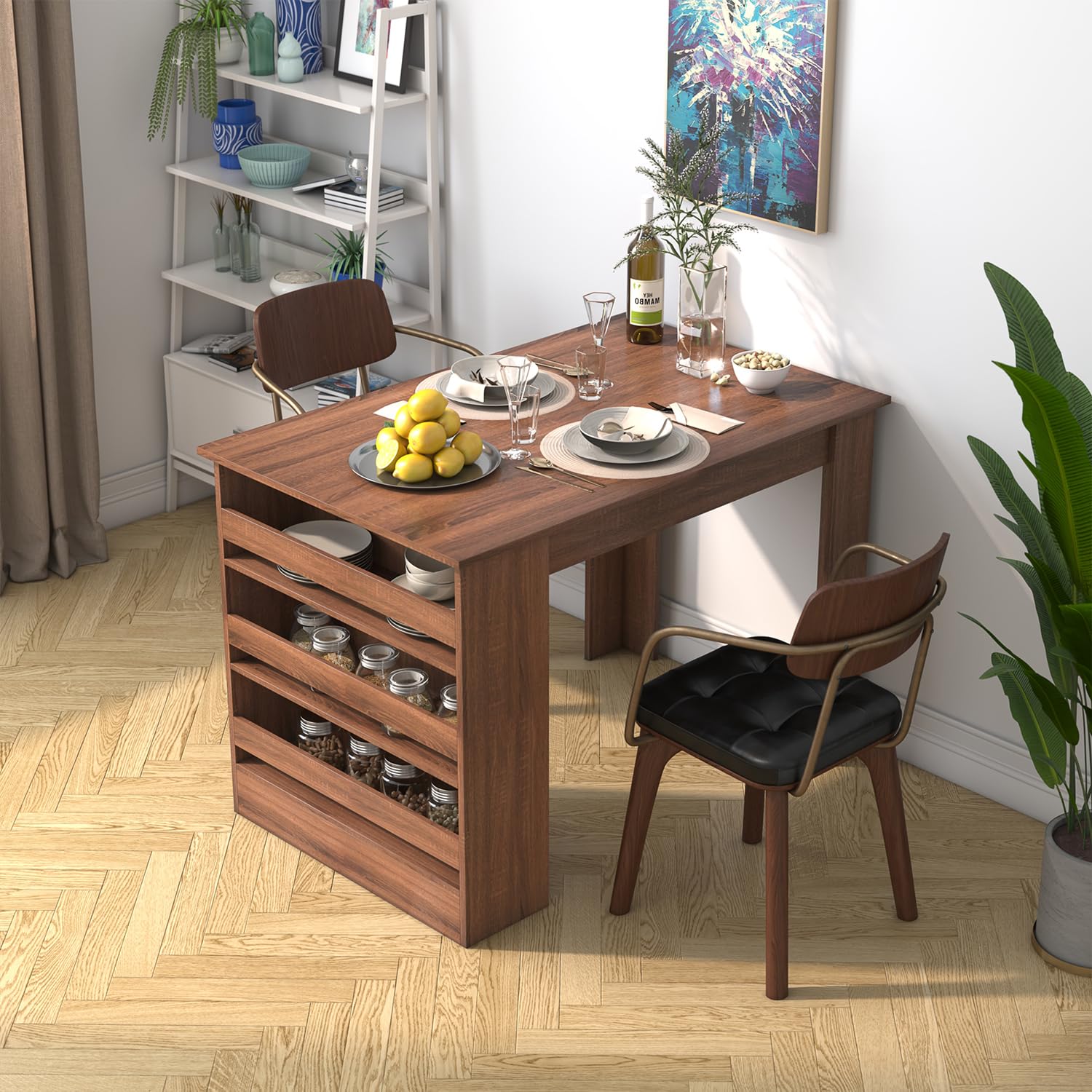 FurnitureR Dining Table, Counter Height Home Bar Table, Farmhouse Kitchen Rectangular Table with 3-Tiers Storage Shelves, 43.3 x 27.6 x 29.5 Inches,