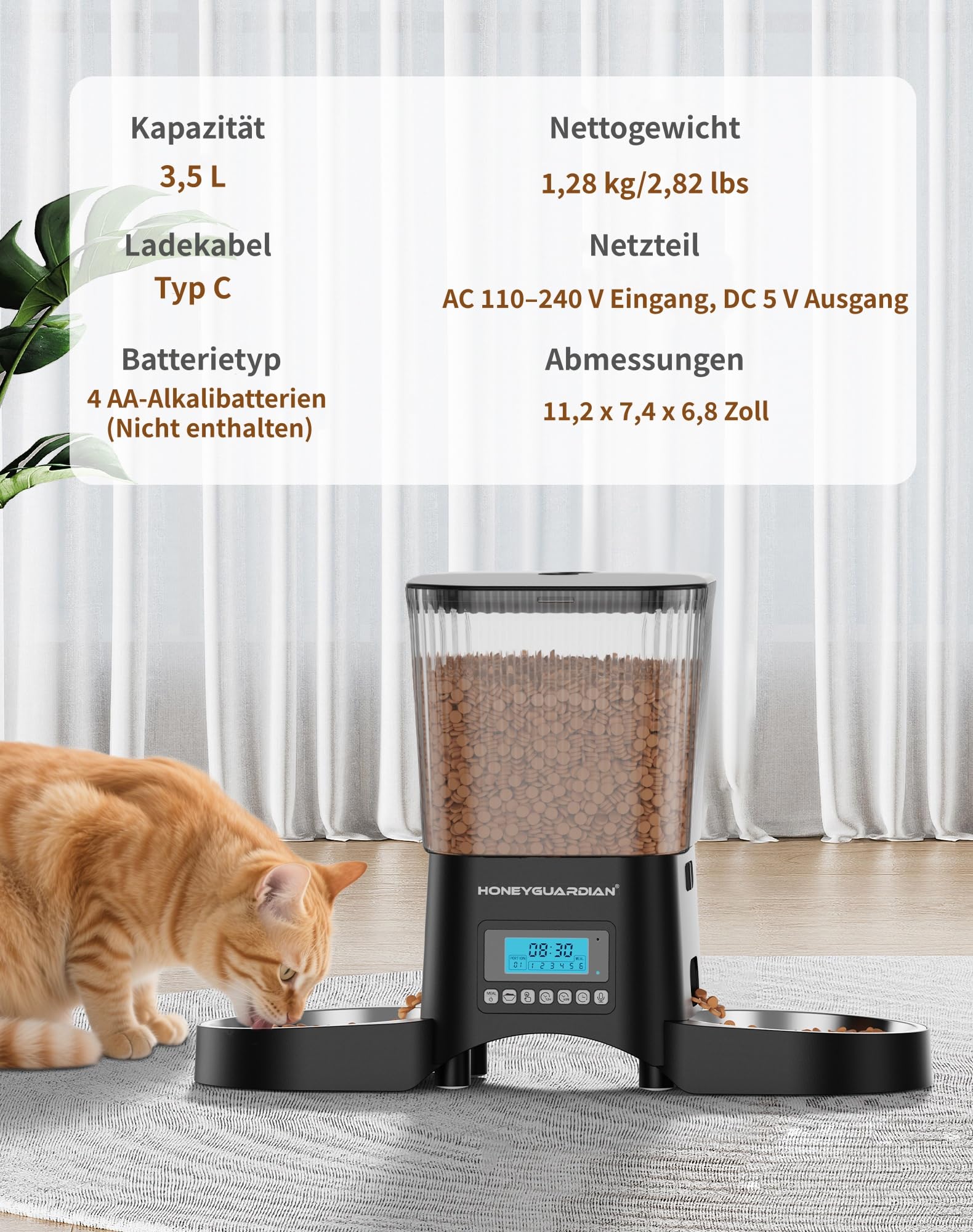 HoneyGuaridan Futterautomat Katze 2 Näpfe, Futterspender für 2 Katzen, Katzenfutter Automat mit 304 Edelstahlnapf, 3.5L Trockenfutter Automat für Katzen, 1-6 Mahlzeiten/Tag, Dual-Stromversorgung