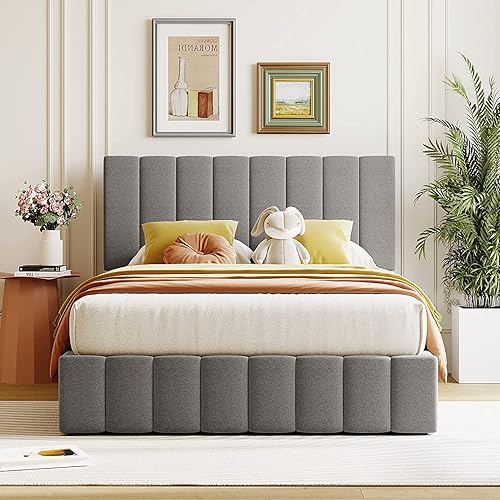 Miniatura 29 de Harper & Bright Designs Cama tapizada de plataforma matrimonial con almacenamiento elevable, marco de cama de tamaño matrimonial con almacenamiento