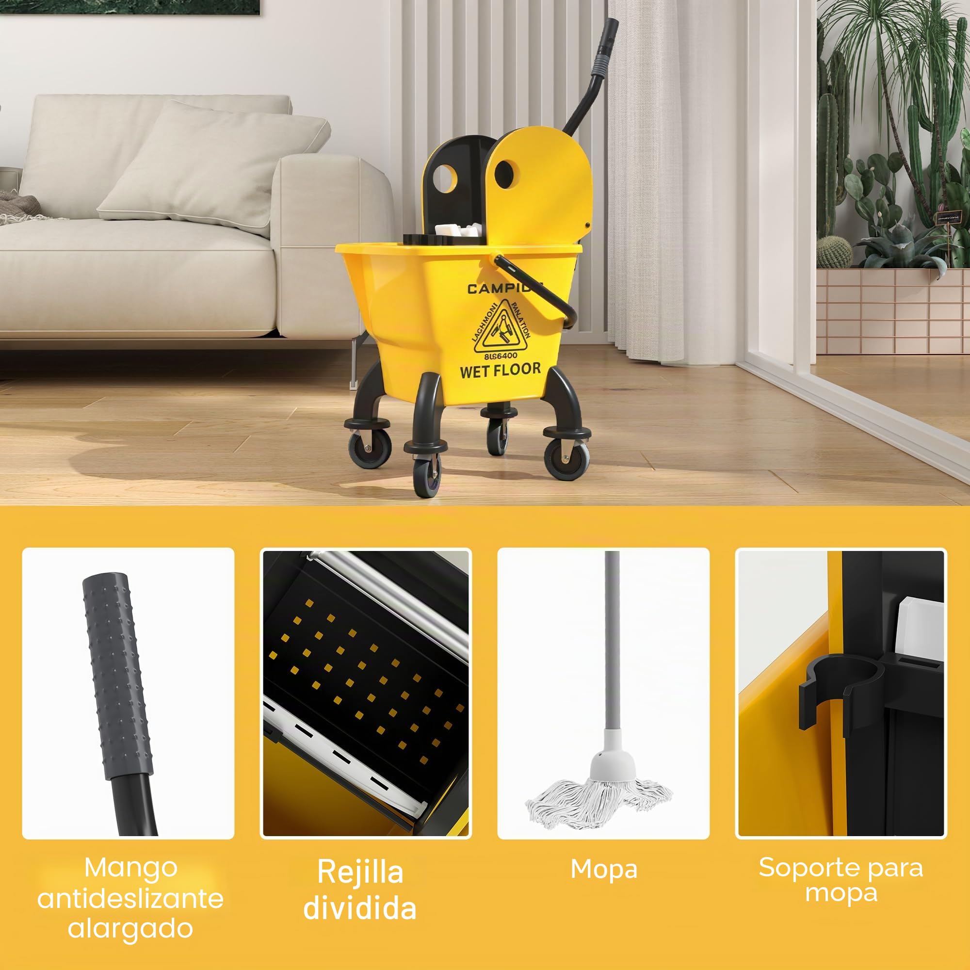 HOMCOM Carro de Limpieza de 26 l, Cubo con Prensa y fregona para Uso doméstico y Comercial