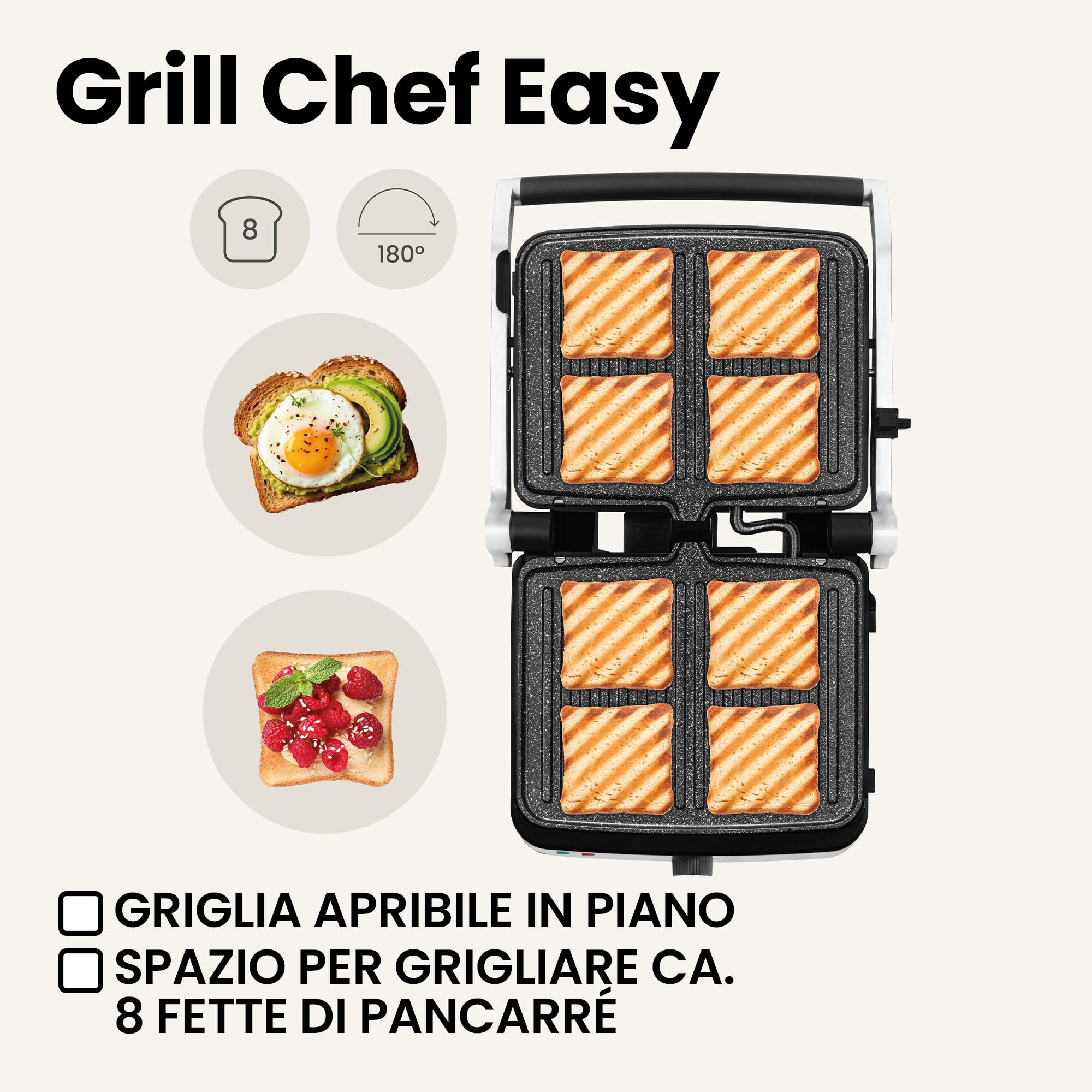 Zeegma Grill Chef Easy - Grill Elettrico 2 in 1 e Tostapane Panini, Potenza 2000W, Superficie Antiaderente in Ceramica, Regolazione Temperatura e Inclinazione, Piastre Removibili Lavabili in Lavastovi