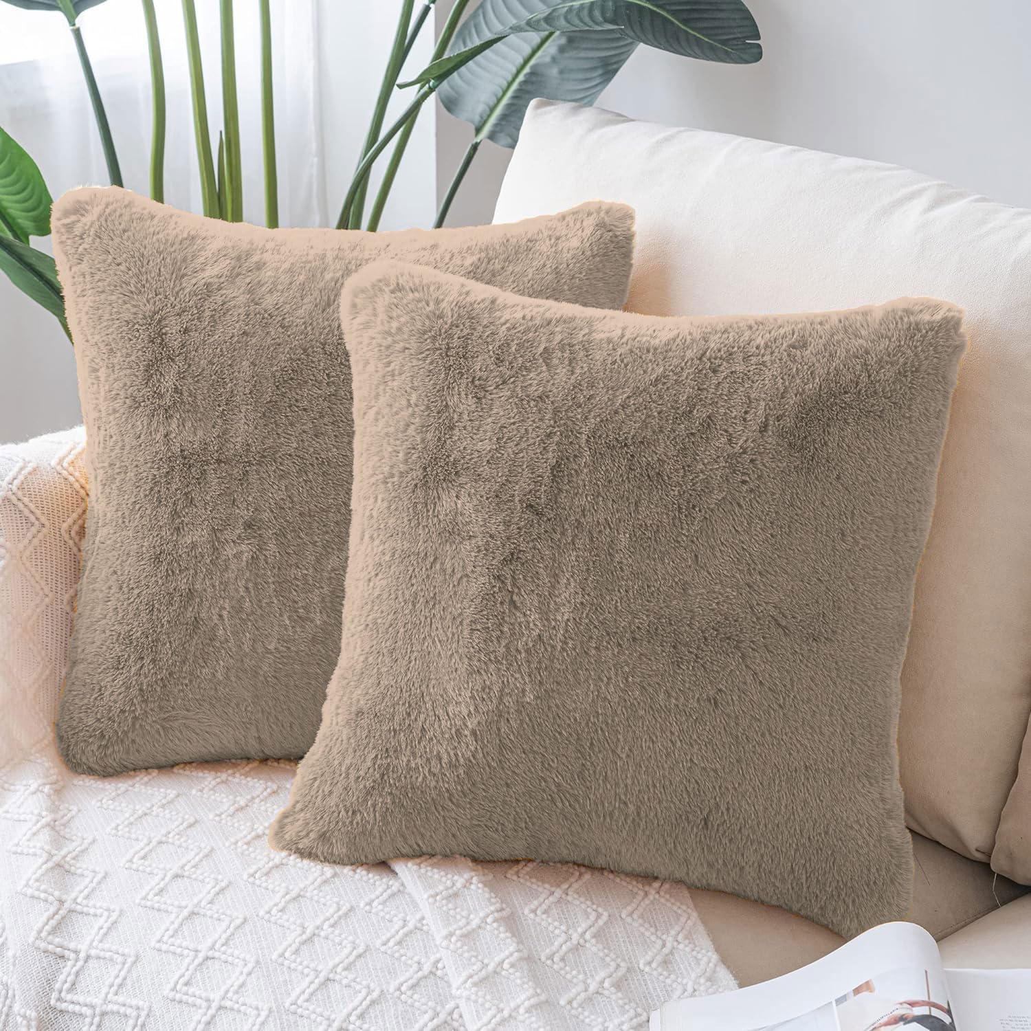 Amazon Brand - Umi Ruffle Premium Cushion Cover 16x16 Inch - Set of 2, Super Soft Both Side Fur Solid Square Pillow Covers for Sofa, Living Room or Home Decor - 40x40 cm - Taupe