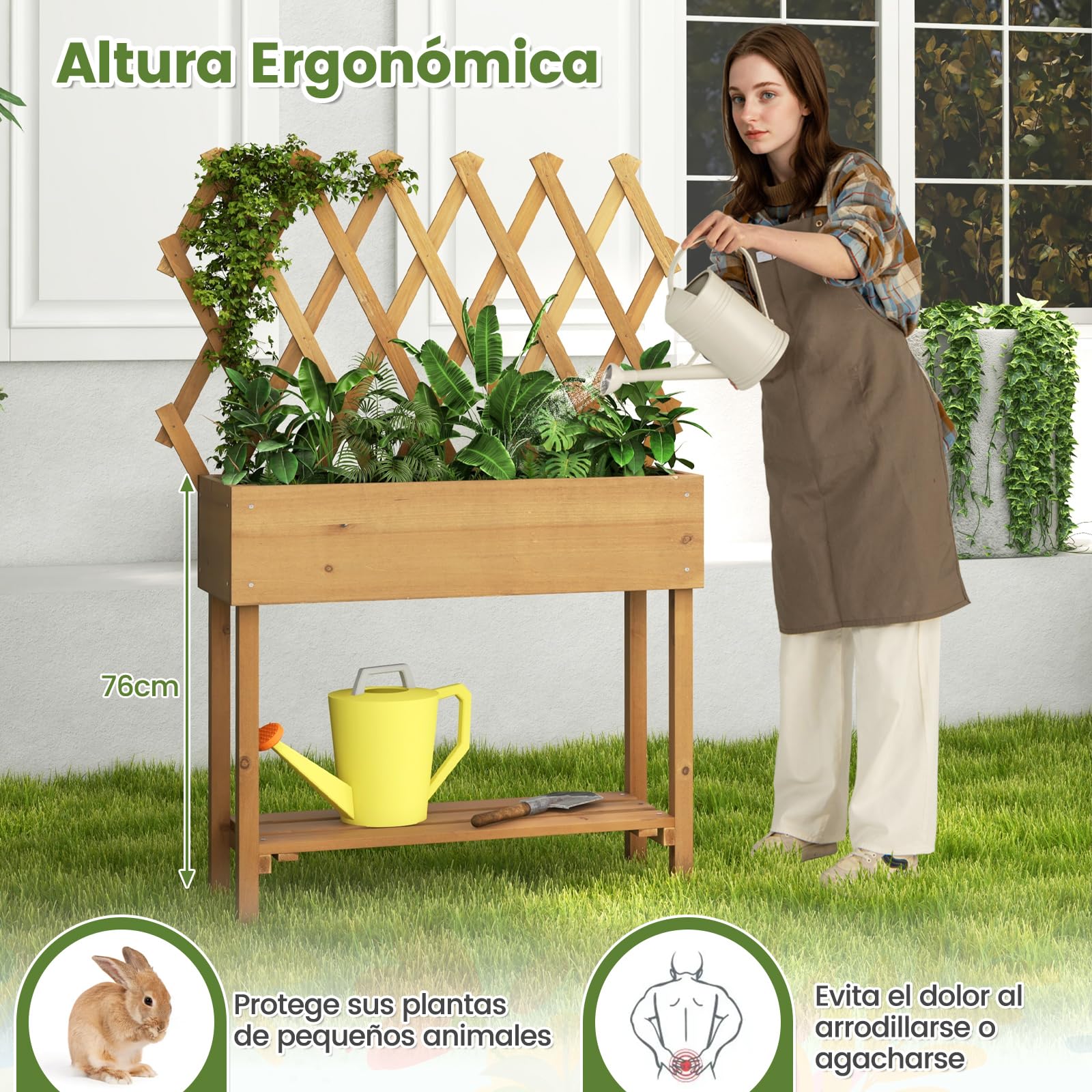 COSTWAY Huerto Urbano Elevado de Madera con Enrejado, Cama de Jardín Elevado Móvil con Ruedas Bloqueables, Forro de Tela, Jardinera de Plantas para Interiores y Exteriores, 90 x 29 x 129 cm