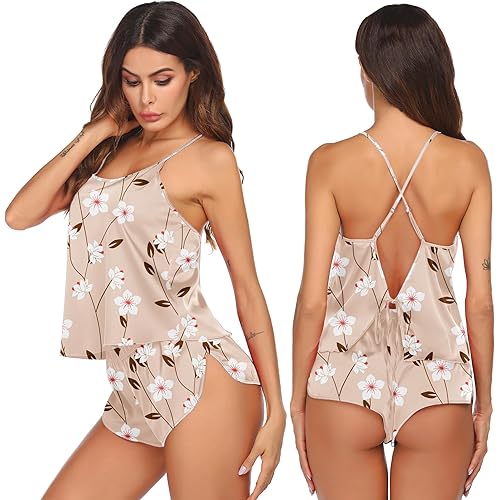 Ekouaer Silk Pajamas Set for Women Satin Backless Lingerie Pjs Cami Top and Shorts Nightwear