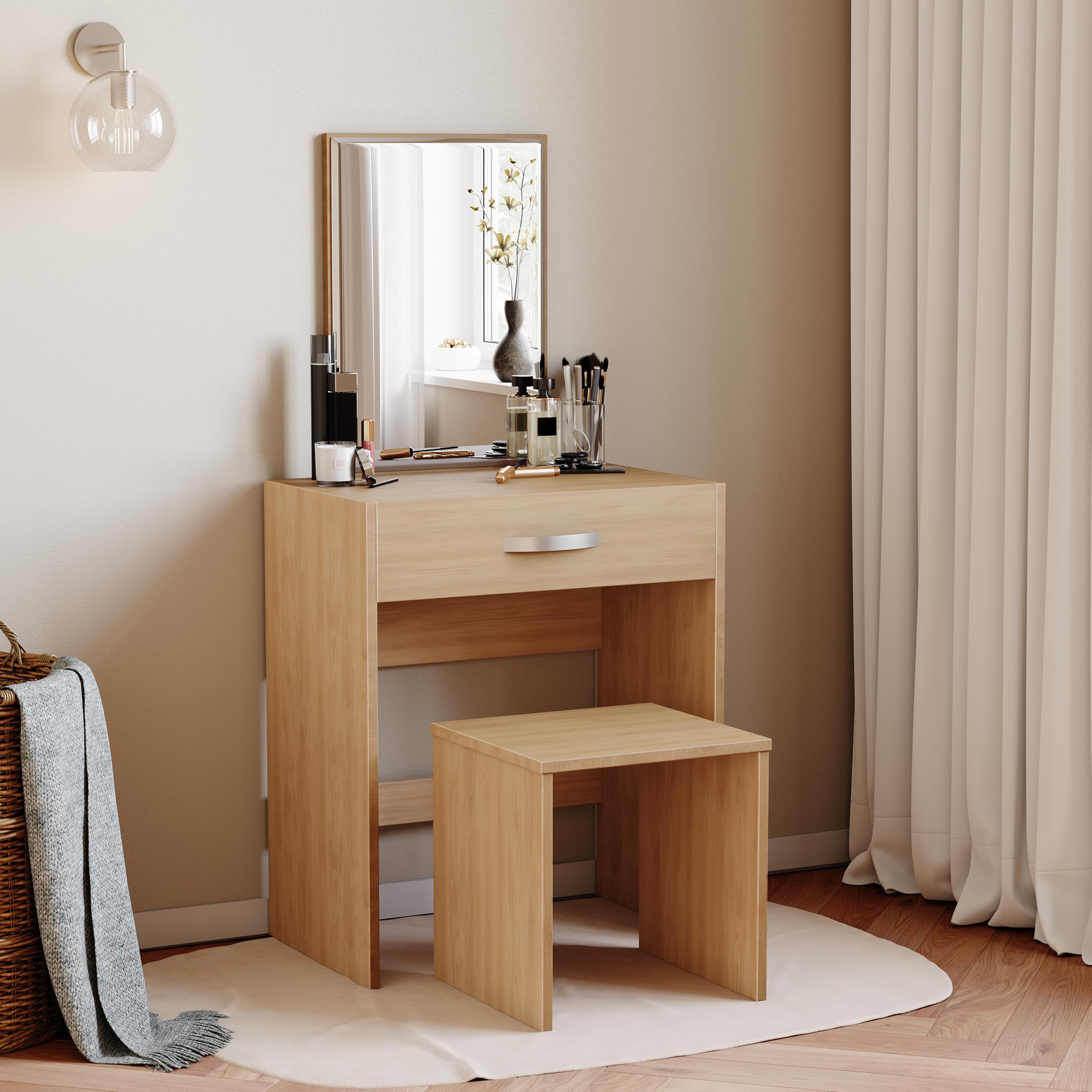 Vida Designs Dressing Table Isla 1 Drawer Mirror & Stool Bedroom Set Makeup Vanity Cosmetics Storage Desk Dresser Furniture Pine