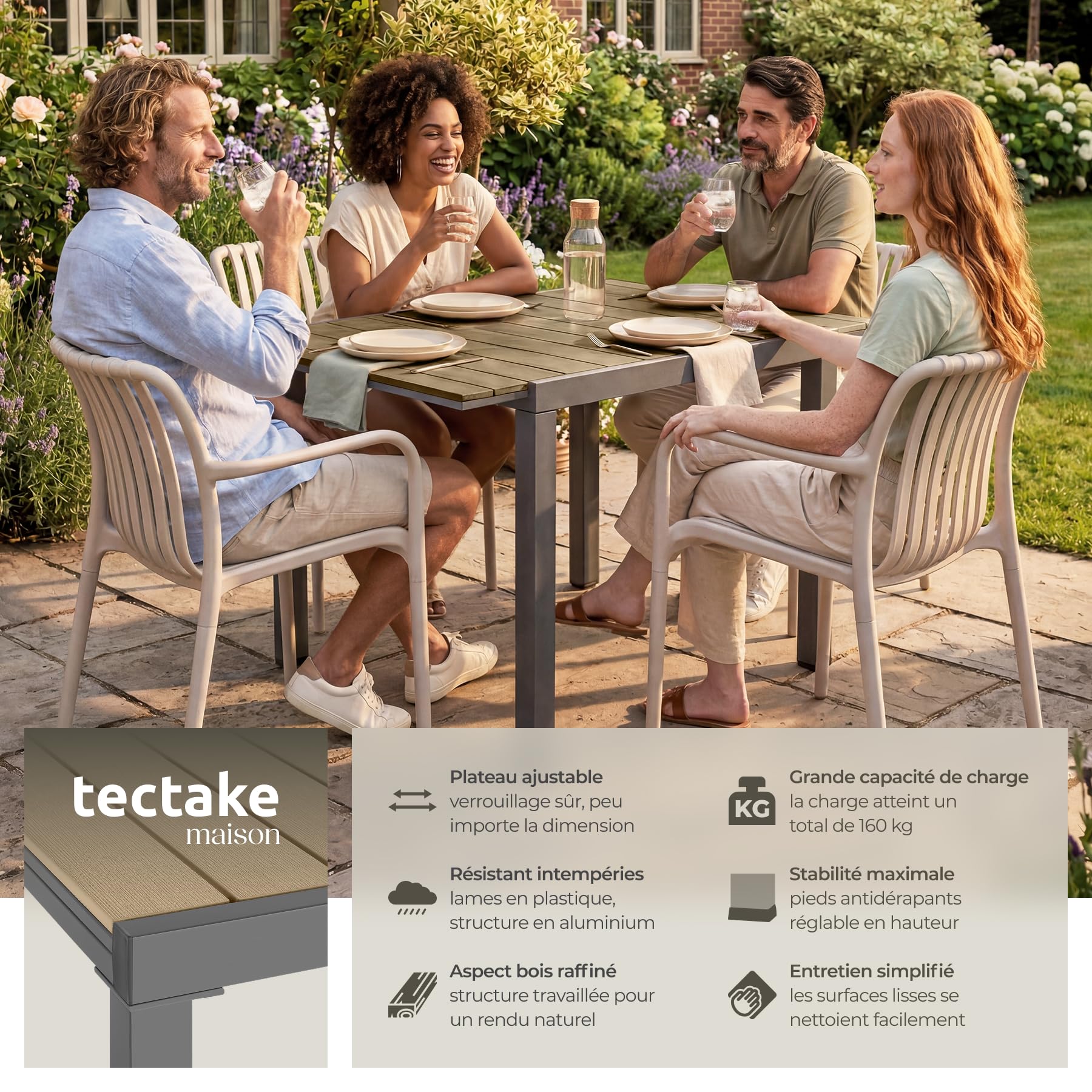 Tectake Table de Jardin Extensible Aluminium 80-120 x 80 x 74 cm 4-6 Personnes