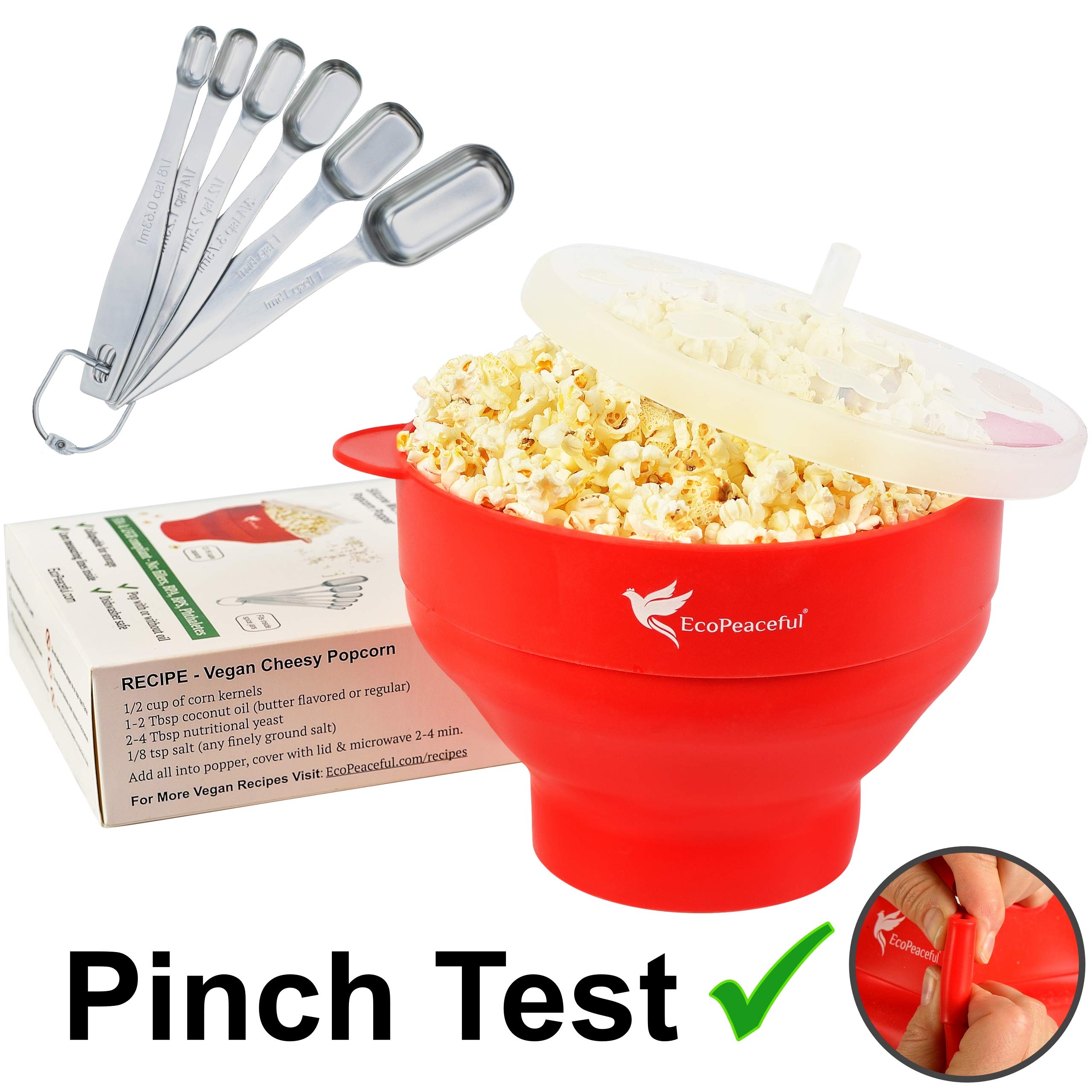 EcoPeacefulMicrowave Popcorn Maker - Silicone Collapsible Bowl Popcorn Popper. PLUS 6 Stainless Steel Measuring Spoons Fit Spice Jars - 100% GENUINE SILICONE - PLASTIC-FREE, BPA-FREE, PHTHALATE-FREE