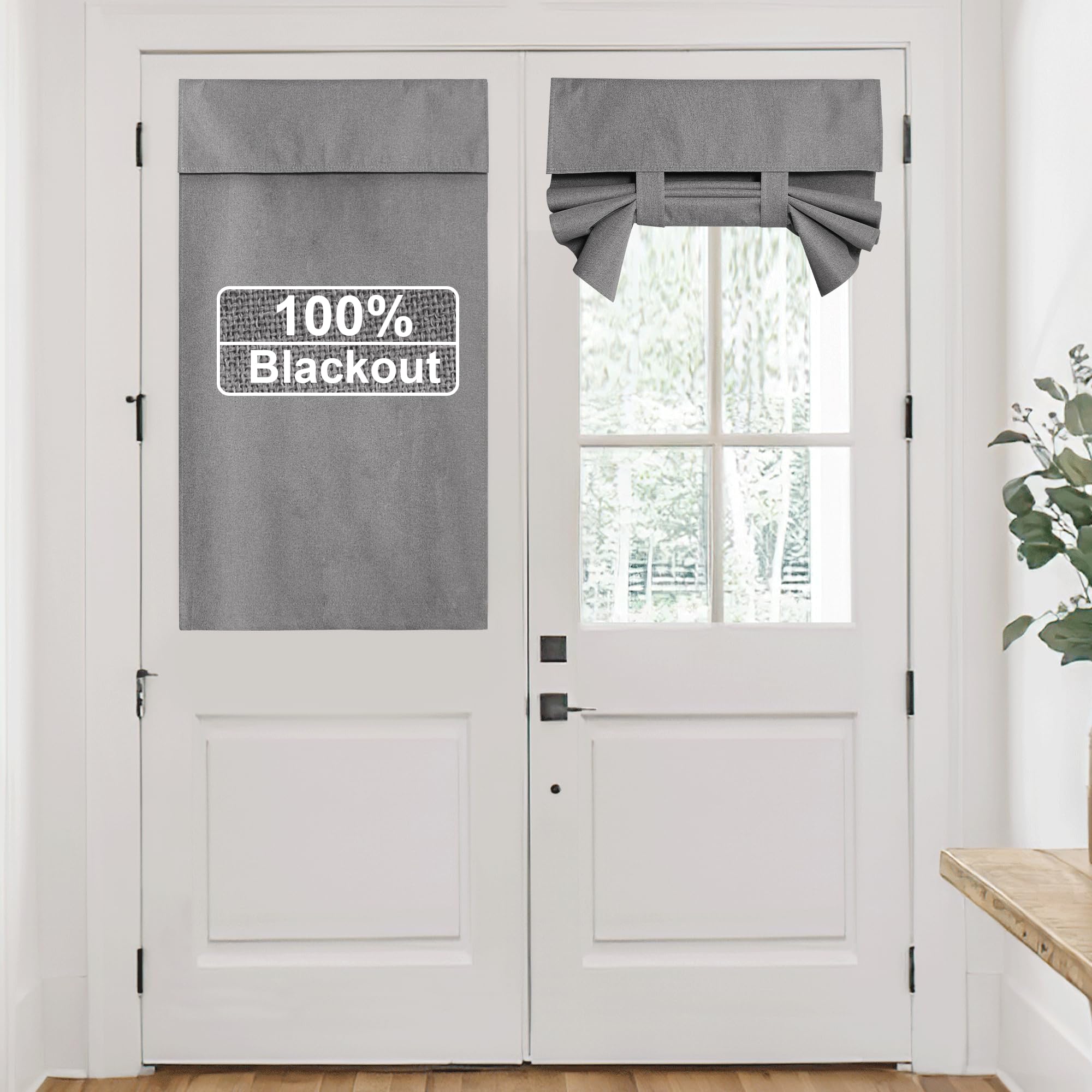 RYB HOME Grey 100% Blackout Short French Door Linen Curtain for Small Window, Light Blocking Privacy Window Drapes for Front Doors Lightweight Tie up Shade, W 26 x L 40, 1 Panel
