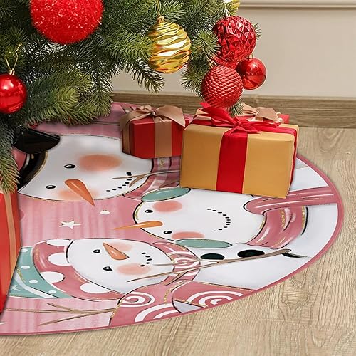 Miniatura 7 de Fzbali Falda de árbol de muñeco de nieve de 48 pulgadas con cordones, falda de árbol de Navidad rosa artificial, fiesta de invierno, decoración de