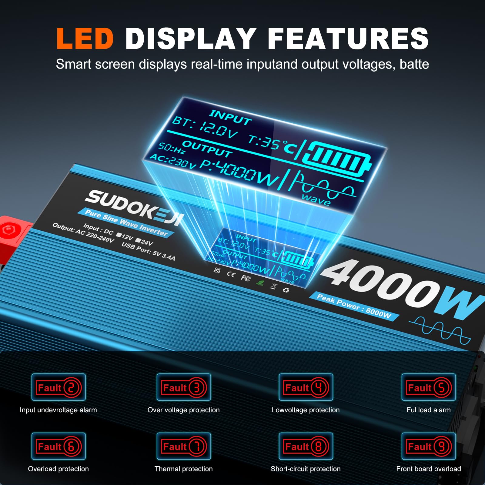 SUDOKEIJI Inverter 4000W Onda Sinusoidale Pura 12V a 230V Convertitore di Tensione con Telecomando Schermo LCD 2 Prese EU e 2 Porte USB per Camper Camion Campeggio Nautica