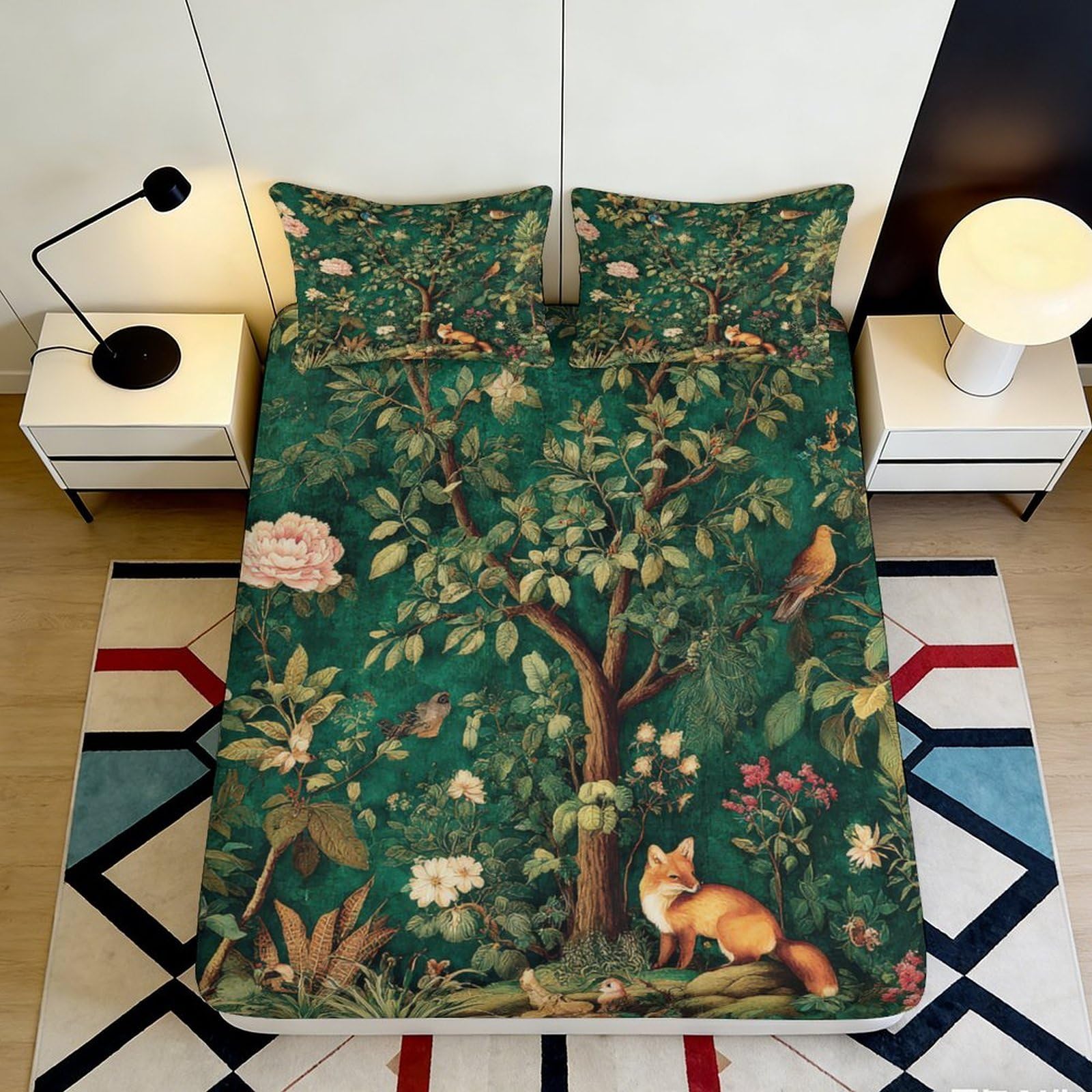 3D Printed Forest Fox Fitted Sheet Microfiber Soft Durable Floral Bird Bed Cover for Bedroom Dormitory Guest Room Mattress Protection 140x200x25cm