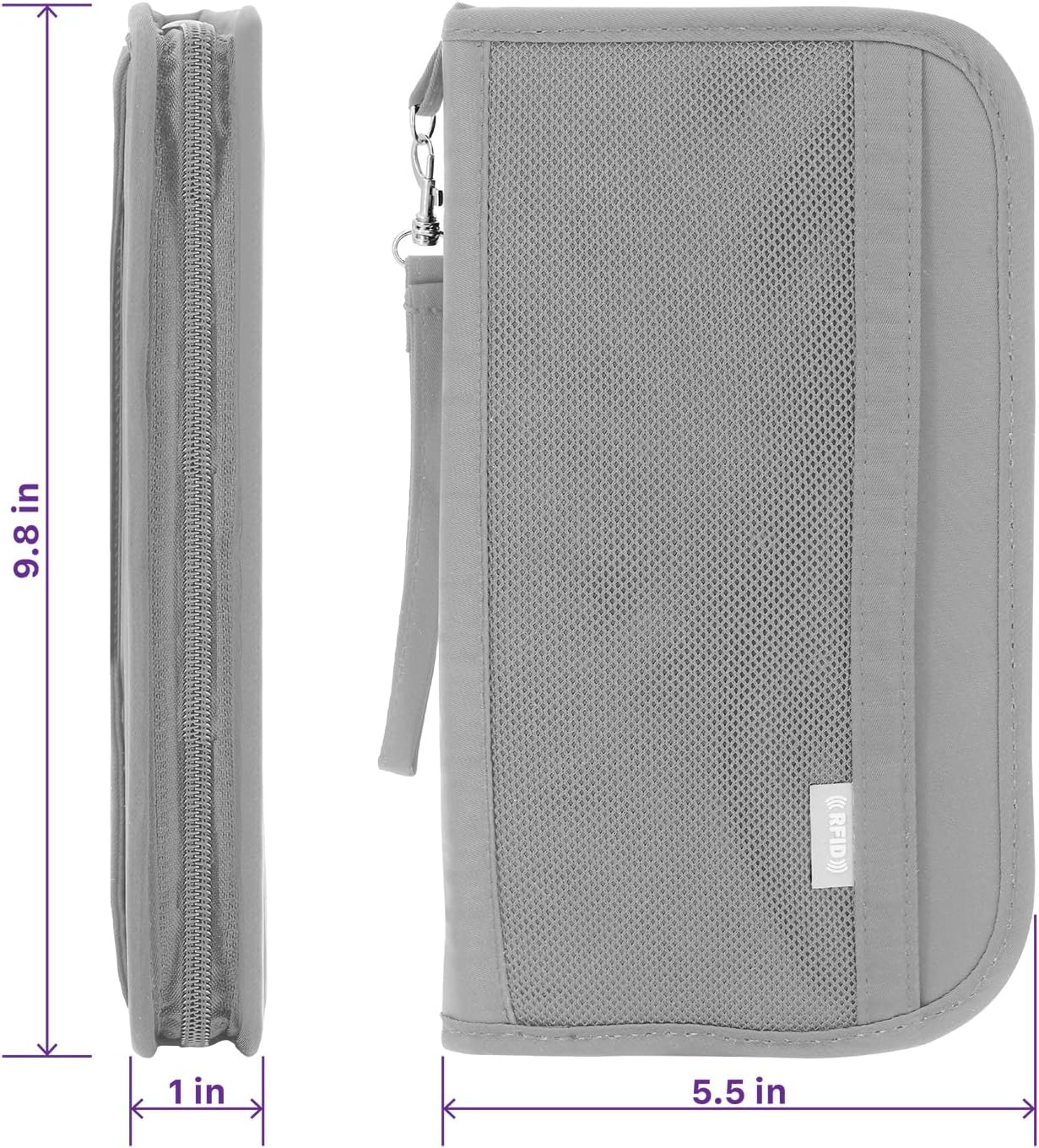 Fosmon Passport Bag, RFID Blocking Travel Document Organizer, Gray | Polyester material, slim RFID-blocking wallet, compact 9.8x1x5.5 inches, for airplane travel, unisex, gray.