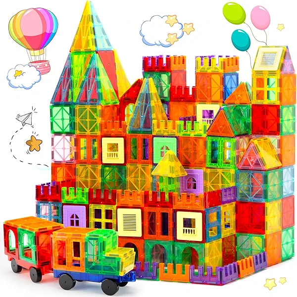 OugerToy Magnetic Tiles,104PCS Magnetic Building Tiles for Kids, Educational Magnetic Stacking Blocks, Magnets Construction Toys, Christmas Toy Gift for Toddlers,Kids Boys and Girls 3 4 5 6 7 8 9+Year