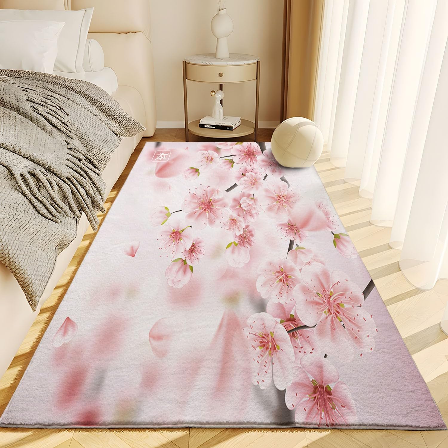 Rose Tapis de Salon 80 x 150cm Fleurs de Cerisier Roses du Japon Tapis Doux Poils Courts Moderne Antidérapant Grand Tapis pour Salon Chambre Décoration d'intérieur Garçons Filles Adolescents