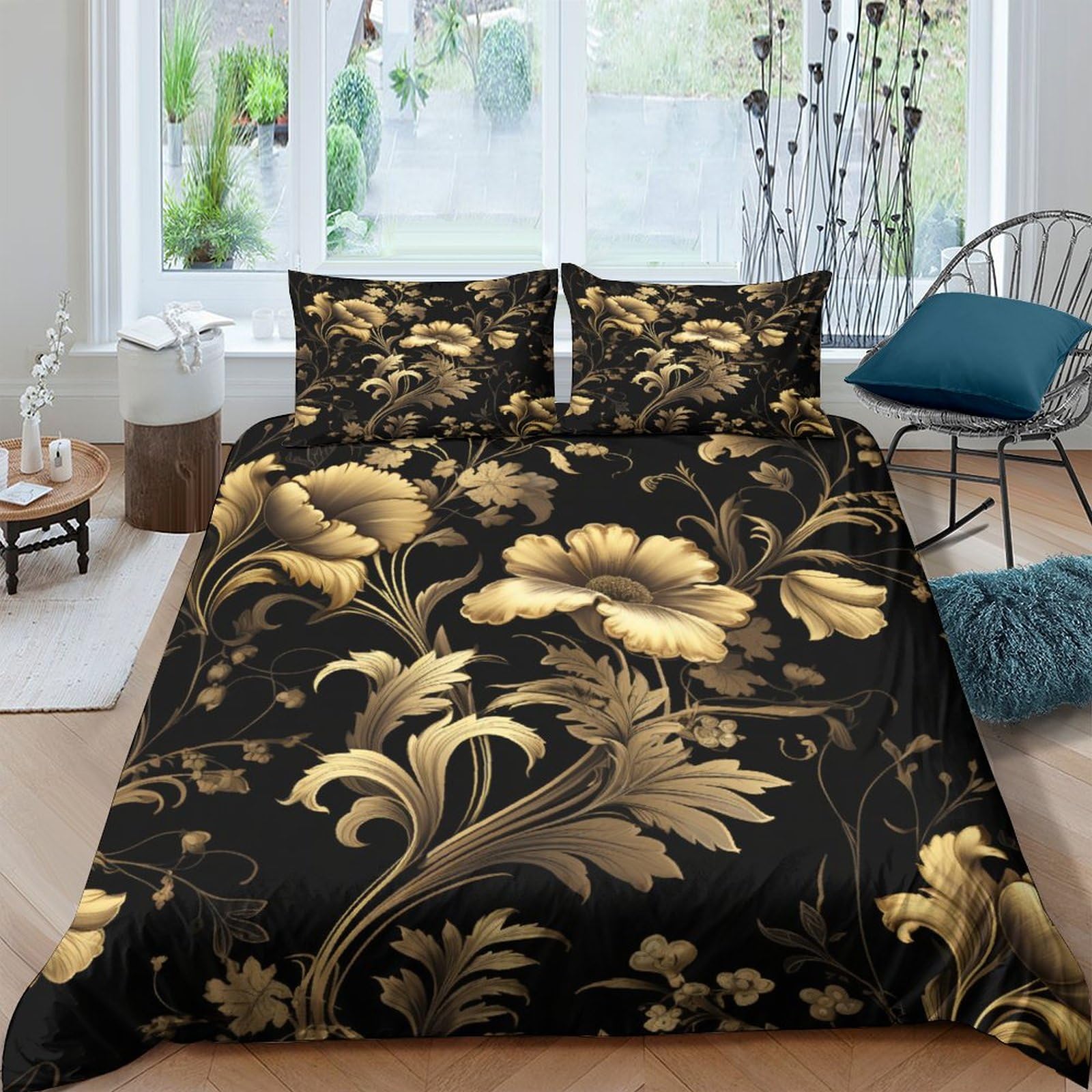 Opanzyyde Style-1 Black Gold Duvet Cover Set 3 Pcs Hotel Quality Quilt Cover Bedding Set Bed Covers With Pillowcases With Zipper Closure Hypoallergenic Soft Breathable Microfiber Double（200X200cm）