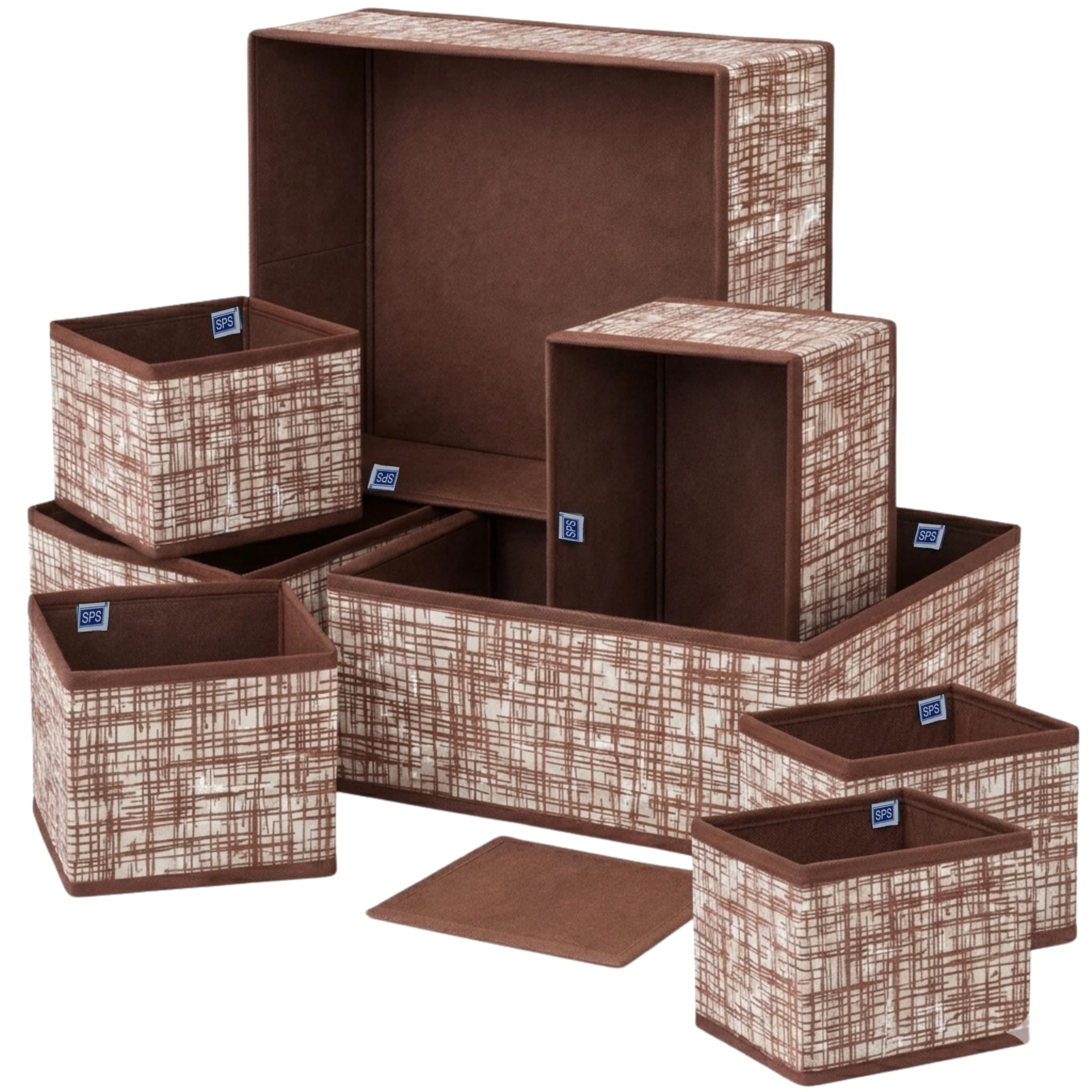 Skrill 8-Piece Foldable Cloth Storage Box Set | Odourless Cube Baskets, Bins & Dividers for Closet & Dresser Drawer Organization - Brown Checks