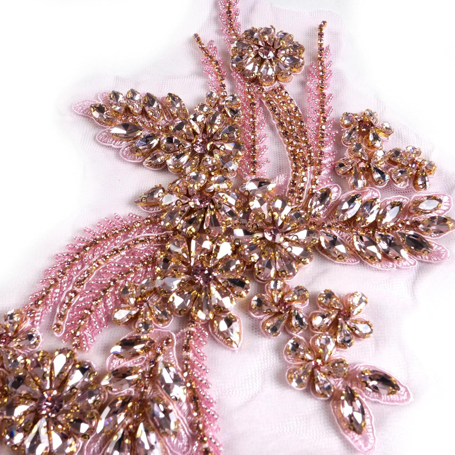 Hand-Made Beaded Rhinestons DIY Clothing Appliques Patch,Beaded Applique for Wedding Dress Decoration Light Pink Flower Applique by Pair (Pink-B)