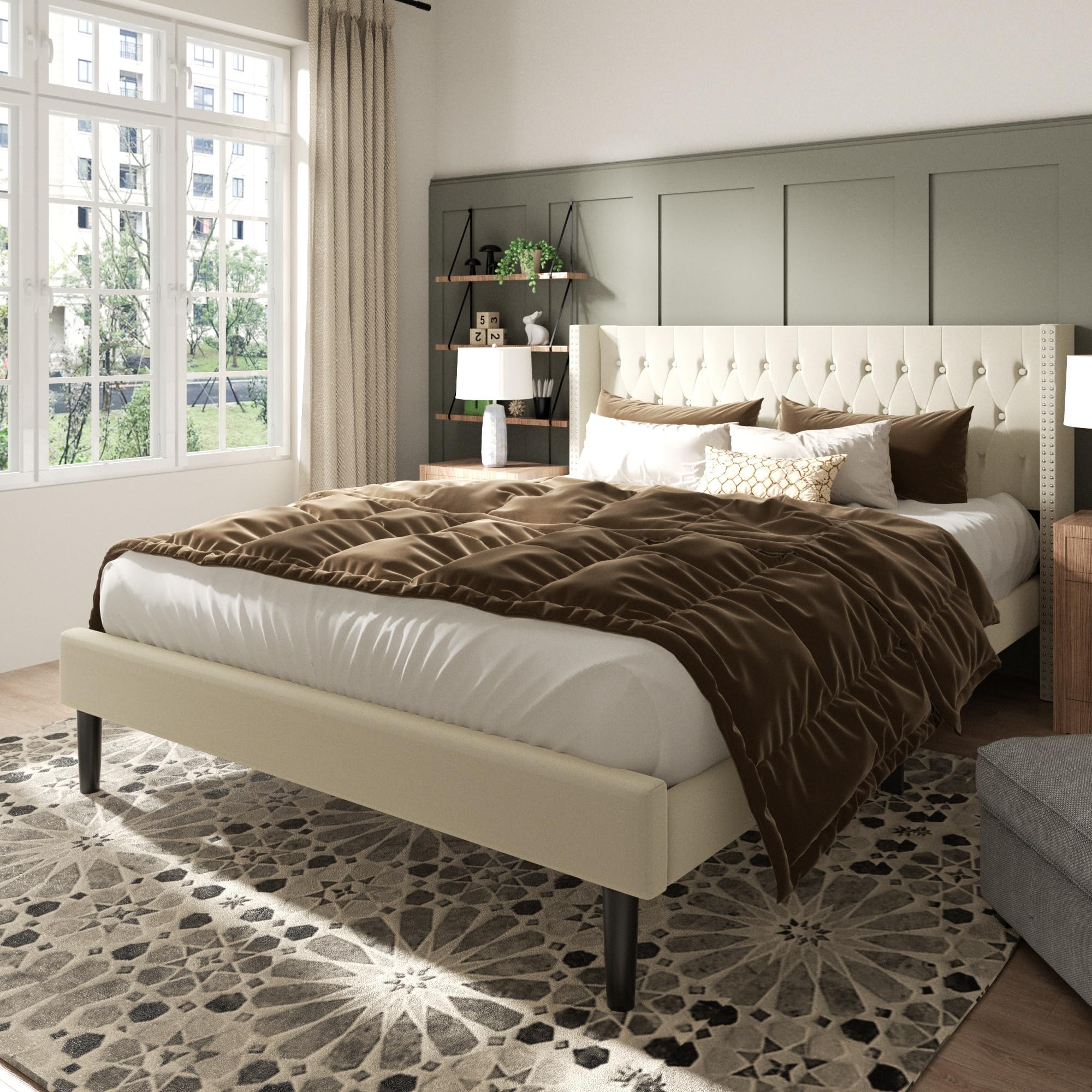Base de cama de plataforma tamaño King con cabecera capitoné con botones, respaldo moderno con aleta con ribete de doble hilera, no necesita somier, fácil montaje, terciopelo beige 6