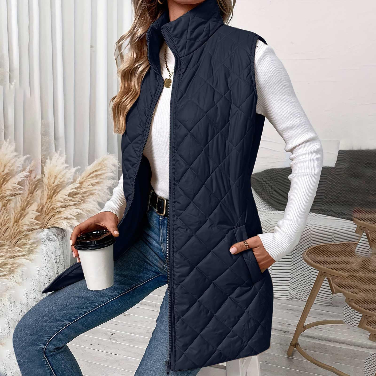 OVARA Gilet trapuntato da donna con colletto alla coreana, leggero, con cerniera, imbottito, termico, comodo, casual, tinta unita, gilet da donna, giacca lunga senza maniche