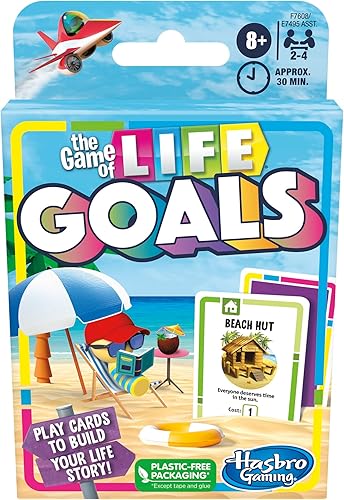 Hasbro Gaming The Game of Life Goals Card y juego familiar de juego rápido, 2-4 jugadores, divertidas actividades de verano, esenciales para viajes