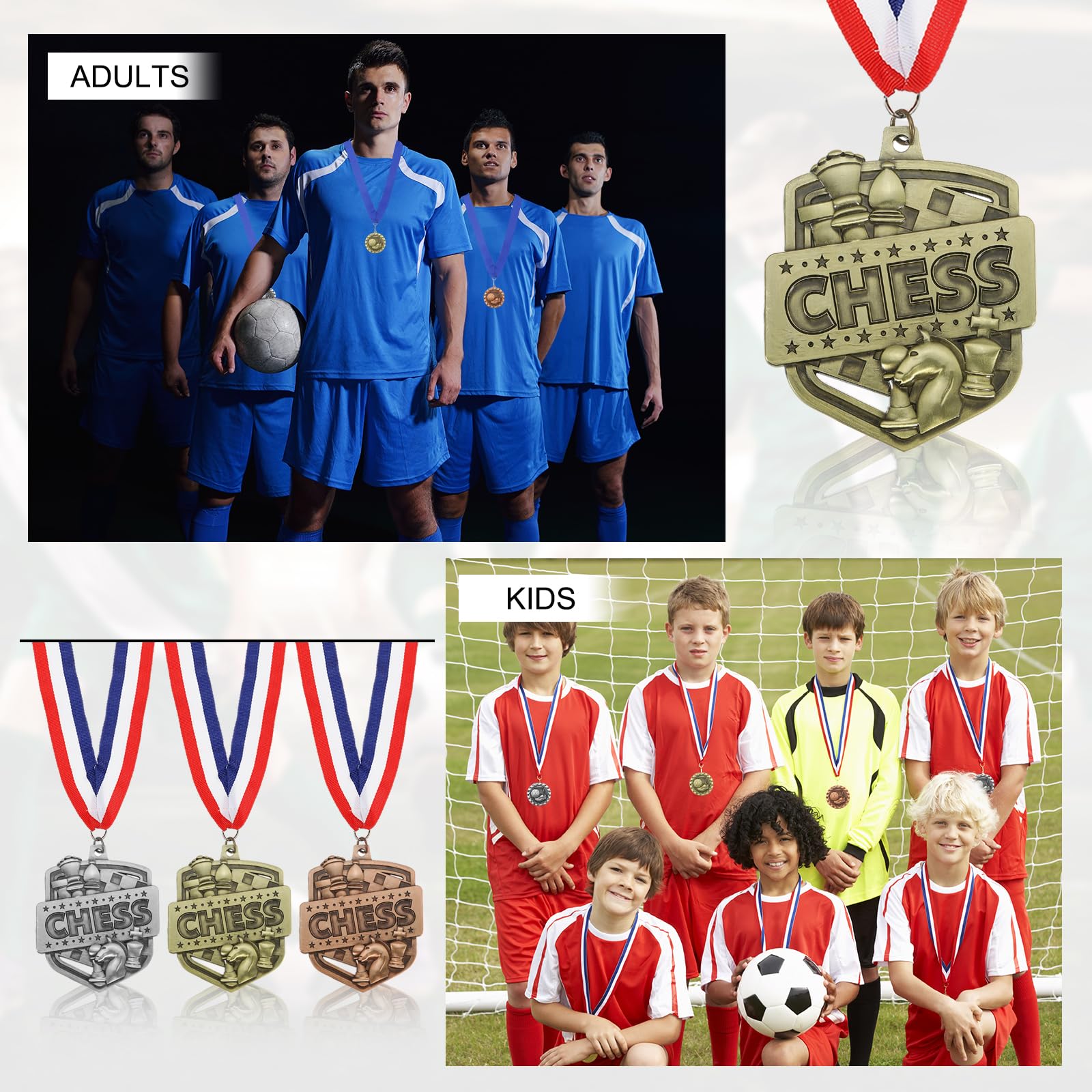 PATIKIL Medallas de Oro, Plata y Bronce para Torneos de Ajedrez con Cintas Rojas, Blancas y Azules, 9 Piezas de Medallas de Ganador para Competencias, Fiestas, Oro/Plata/Rojo