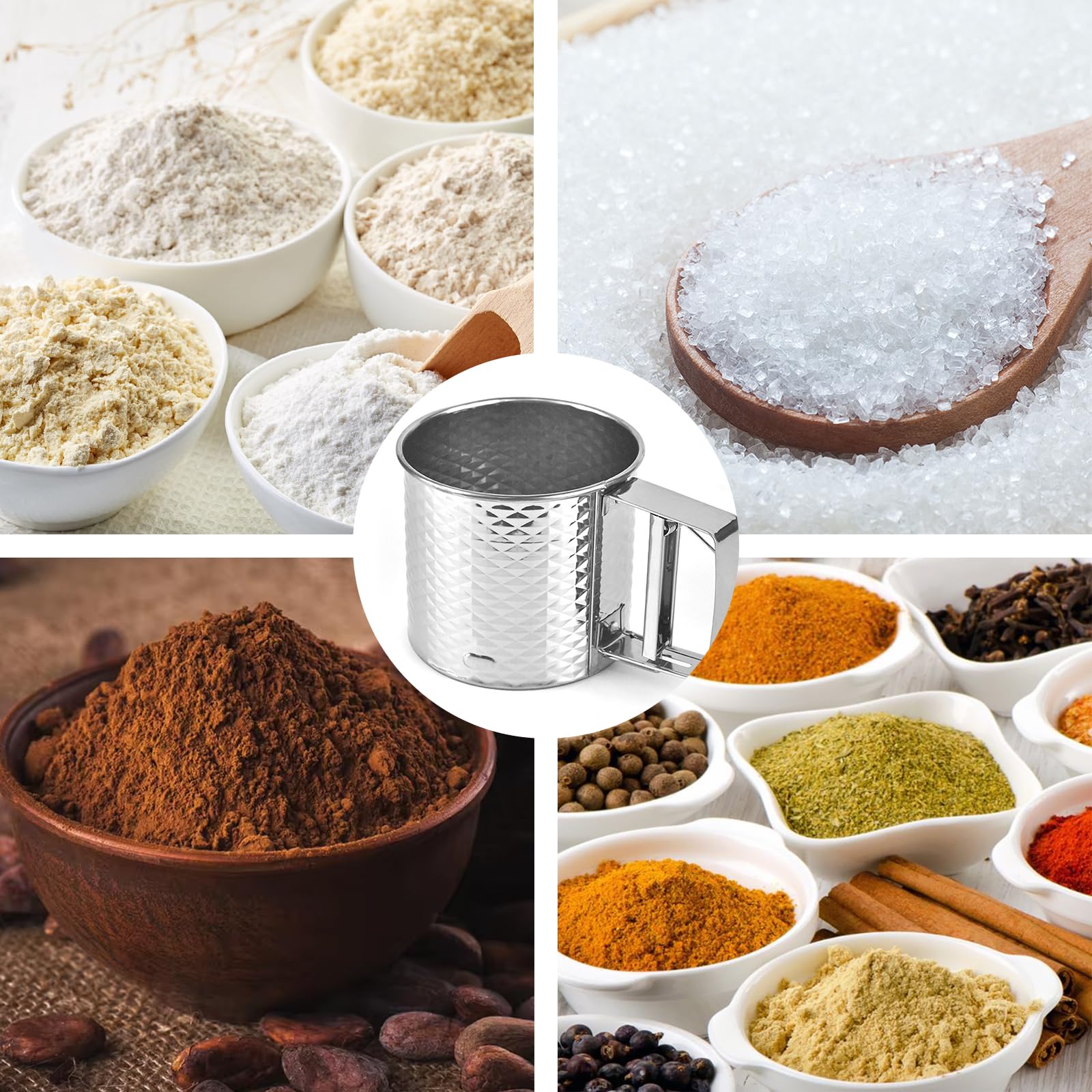 TAIZER Secoueur Tamiseur Farine En Acier Inoxydable - Tamis Poudre Fine Pour Sucre, Cacao, Épices - 110g