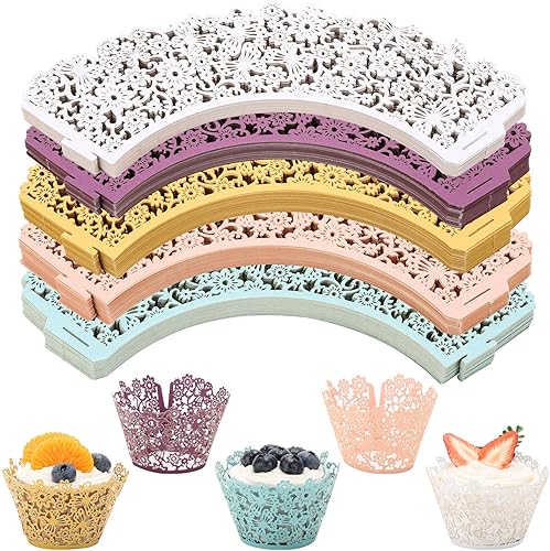 250 envoltorios de encaje para cupcakes, cortados con láser, bandejas, para decoración de bodas, fiestas, cumpleaños (5 colores)