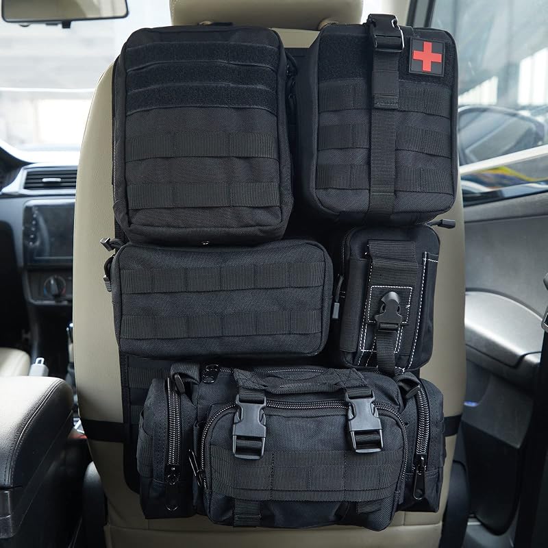 Organizador tático para encosto de banco automotivo Jimikay com painel MOLLE e 5 bolsas removíveis A model-Black