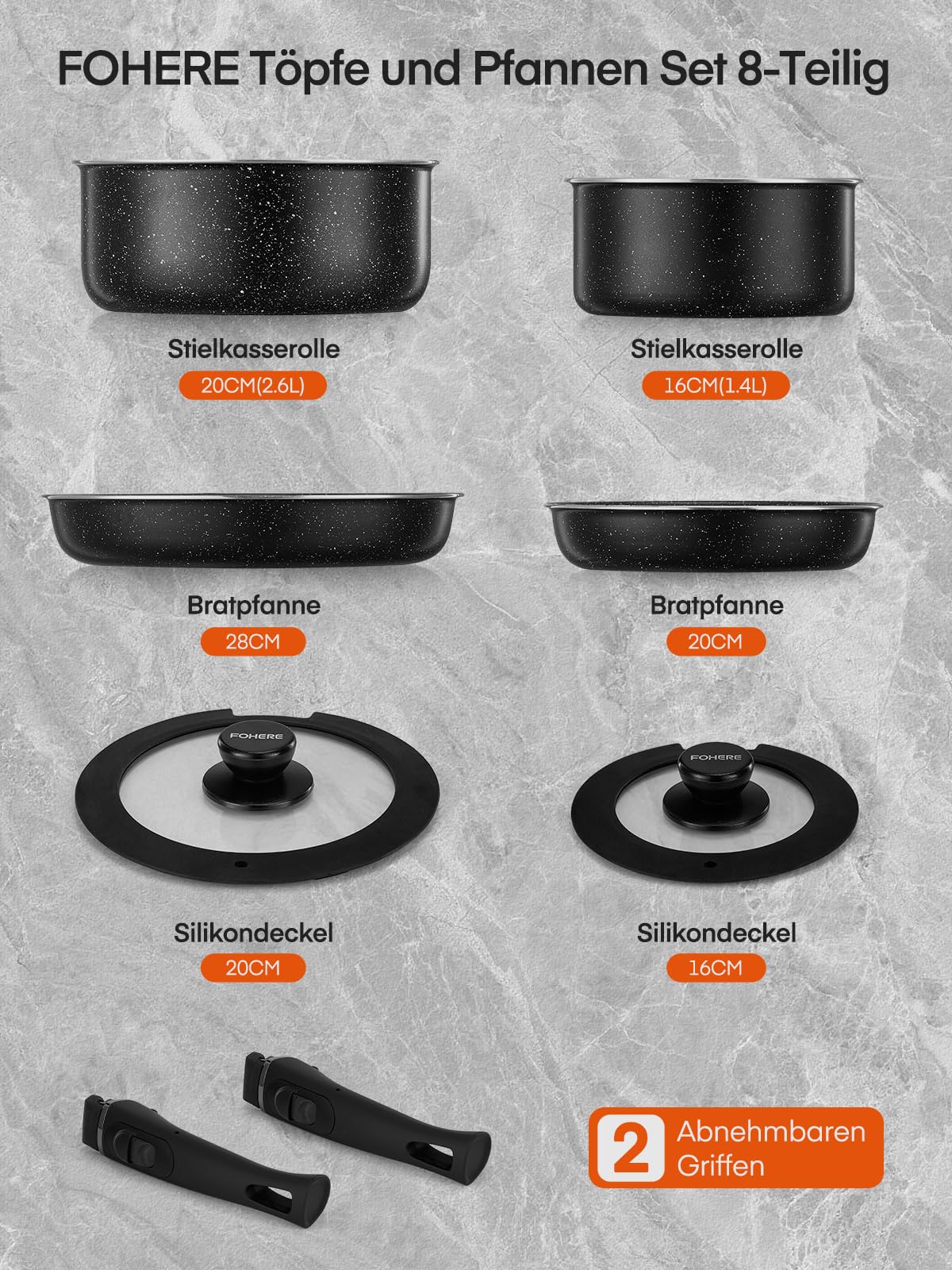 FOHERE Topfset Pfannenset 8-Teilig mit 2 Abnehmbaren Griffen Und 2 Deckel, Pfanne 20/28CM, Topf 2.6/1.4L, Induktions Töpfe Set Für alle Herdarten, Spülmaschinenfest Und ofenfest, Antihaftbeschichtet