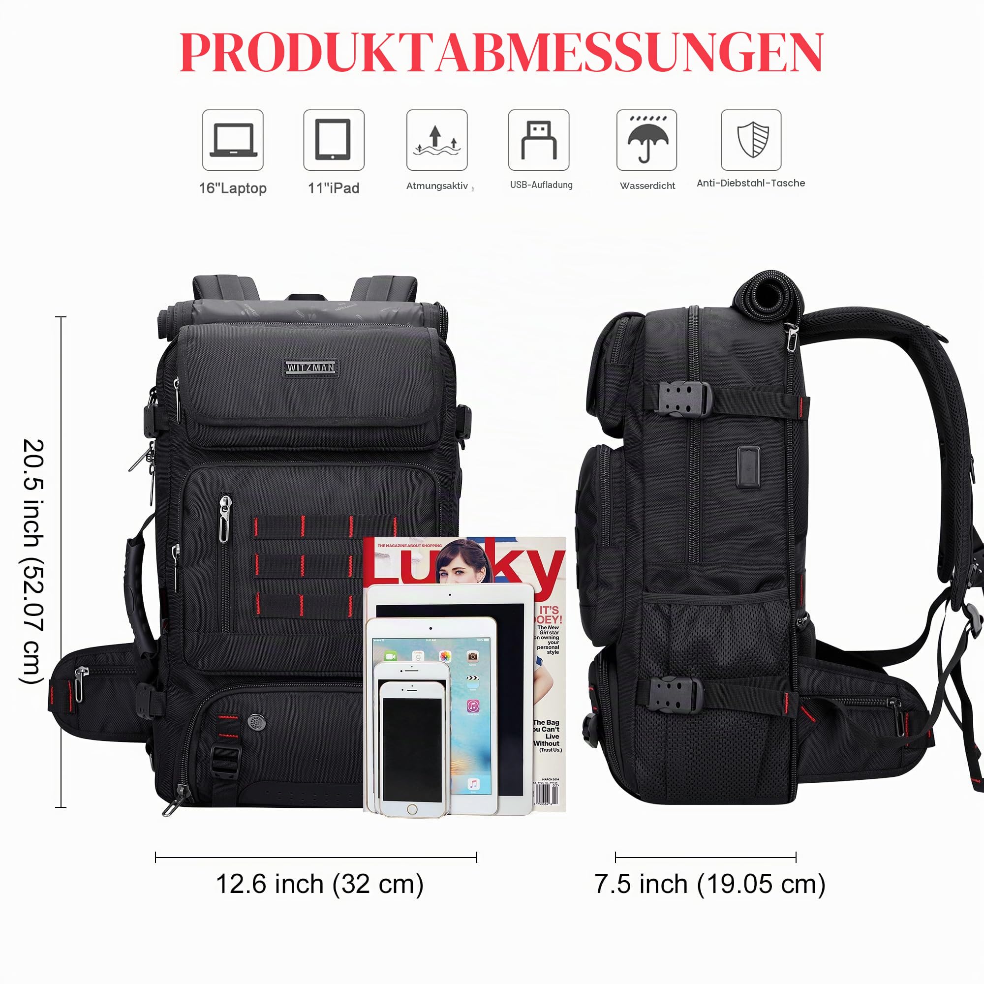 WITZMAN Nylon Reiserucksack Herren mit 16-Zoll-Laptopfach und Schuhfach | Großer Stauraum, Separates Fach und Flexible Nutzung, Ideal für Flugreisen, Urlaub und Geschäftsreisen, B682 Schwarz