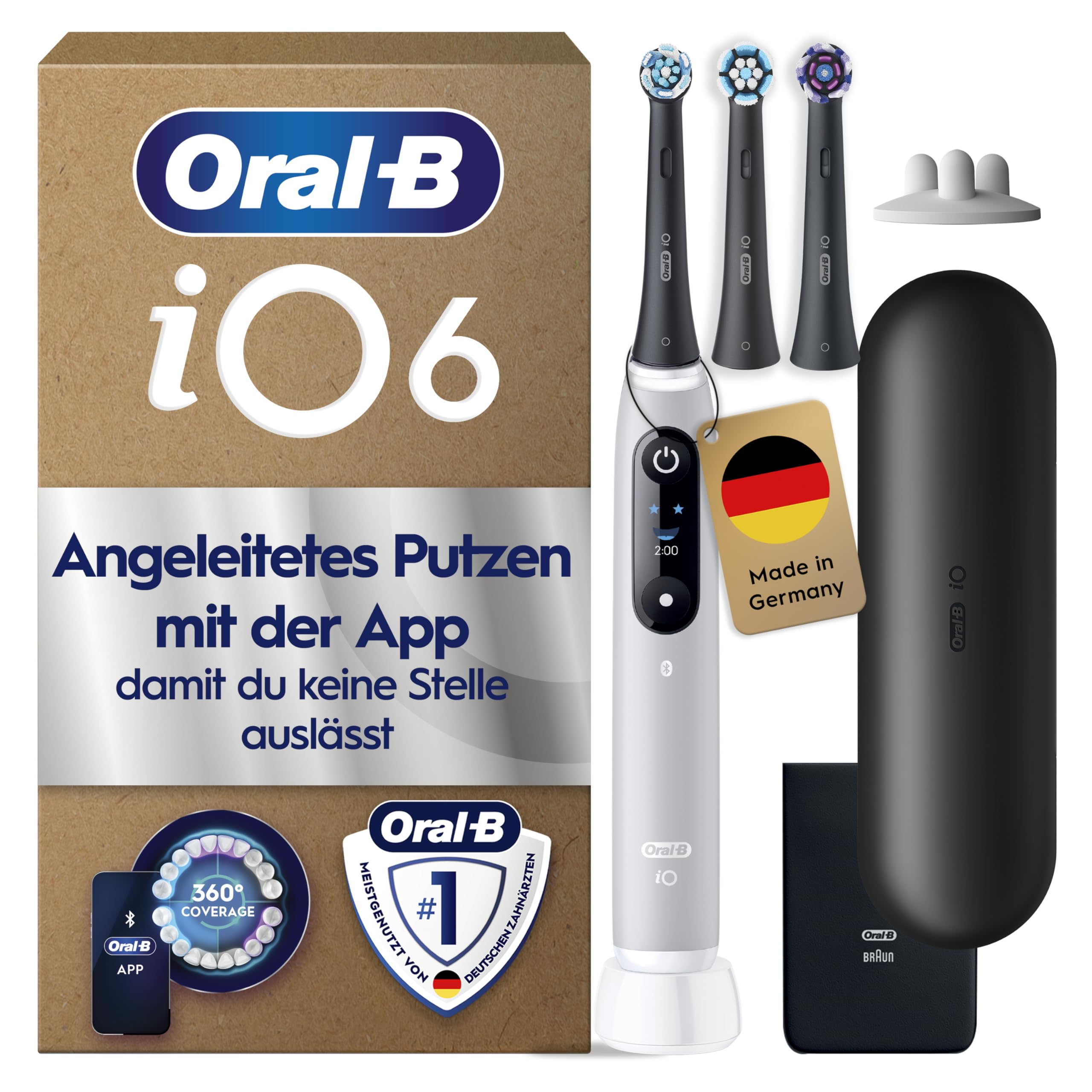 Oral-B iO Series 6 Elektrische Zahnbürste — Electric Toothbrush, Inkl. 3 Aufsteckbürsten und Reise-Etui — 5 Putzmodi für Zahnpflege, Zahnbürste Elektrisch, Designed by Braun, Grau