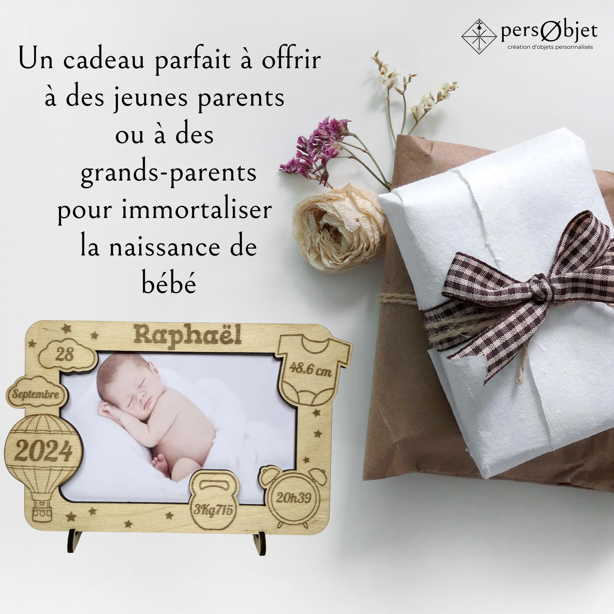 Cadre Photo naissance en Bois Personnalisable montgolfière - Souvenir de la naissance de Bébé – idée cadeau de naissance personnalisé pour maman, papa, mamie, papy – décoration chambre bébé, séjour
