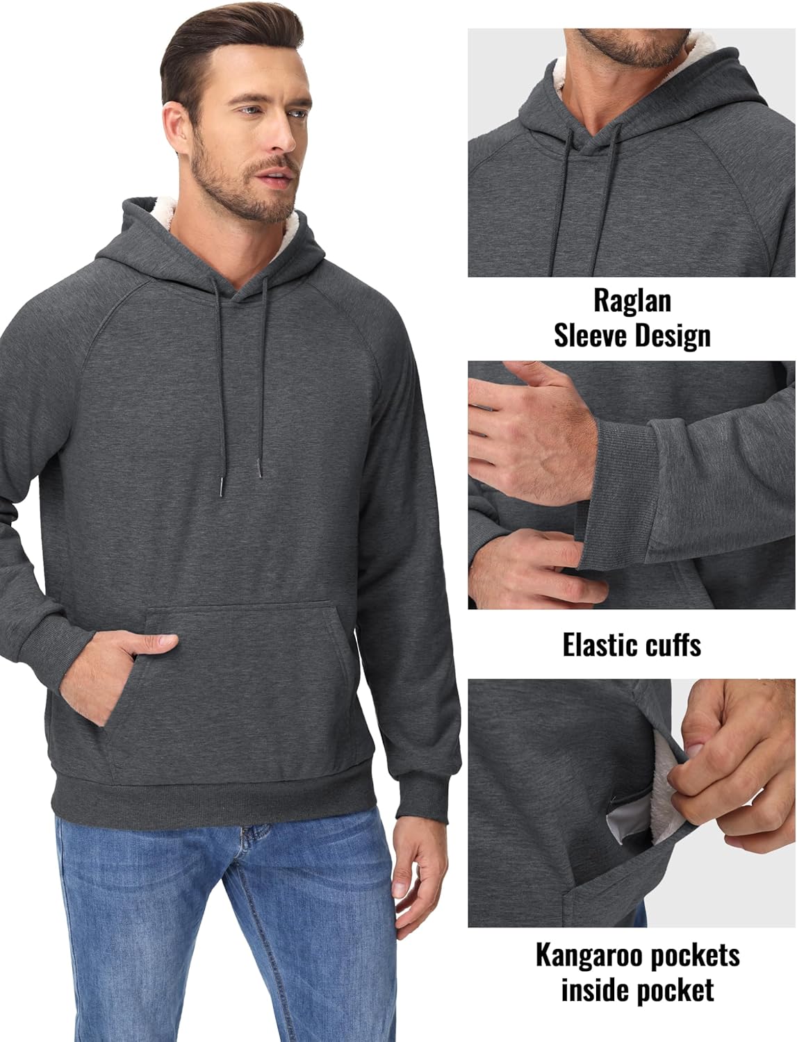 MAGCOMSEN Men's Sherpa Hoodie Heavyweight Fleece Lined Thick Winter Thermal Athletic Sweatshirt with Kangaroo Pocket - Image 2