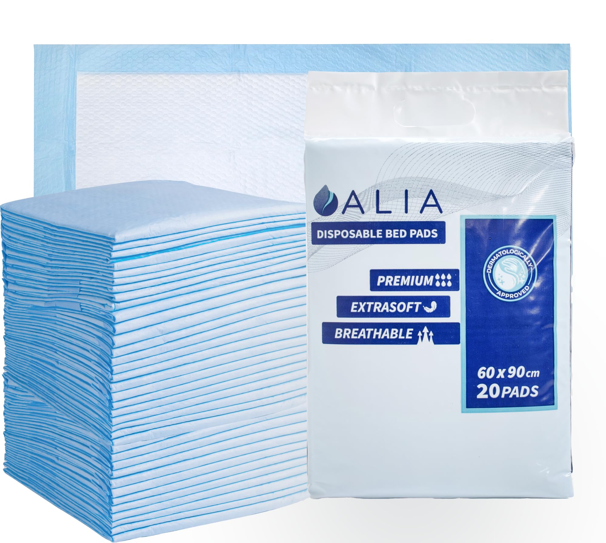 ALIA20 x 60 x 90 cm | Disposable Incontinence Bed Pads | Underpads, Bed Mats, Mattress Protectors, Incontinence Pads| Adults & Elderly, Sofa & Chair for Children, Toddlers Babies (1 Pack of 20)