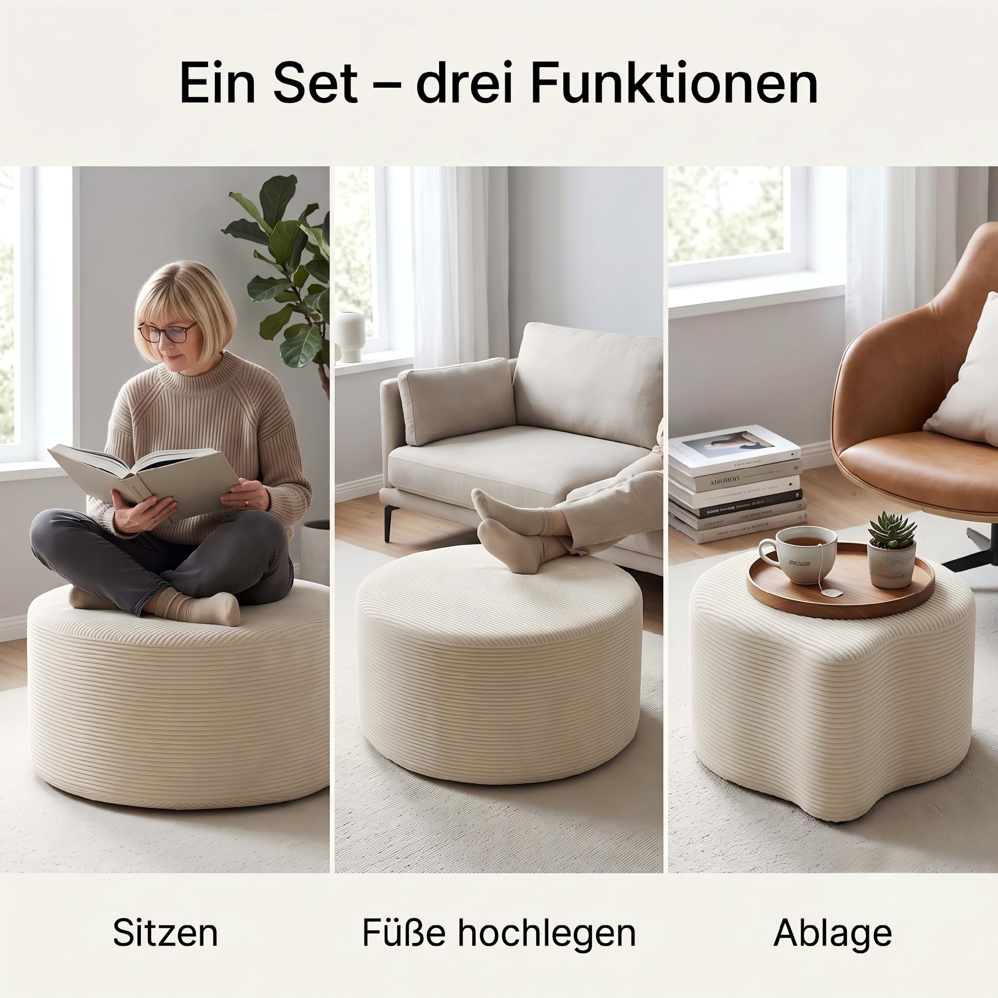 Cord Sitzhocker 2er Set Rund, Sitzpouf Beige aus Cord-Stoff, Fußhocker Wohnzimmer, Kaffeetisch Alternative, Pouf Set Groß & Klein, Ø72x38cm