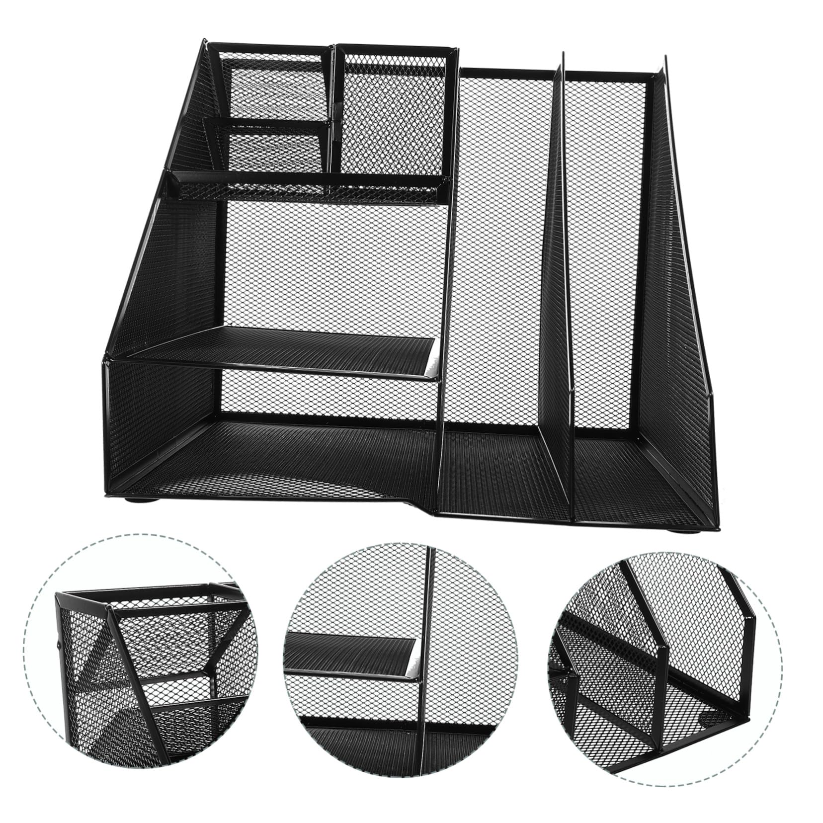 Metall Aktenhalter mit Zwei Fächern und Drei Linken Stiftehalter Robuster Desktop Organizer für Effiziente Papierorganisation und Bürobedarf Schwarzer Schreibtisch