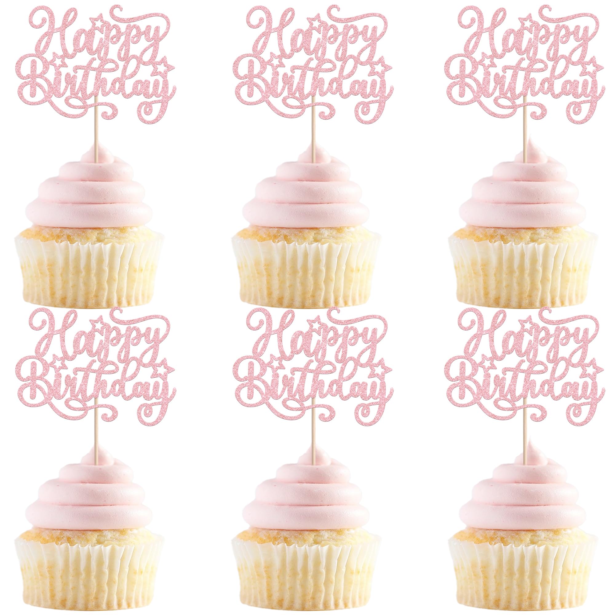 24 Pack Happy Birthday Cupcake Toppers Glitter Celebrating Birthday Cupcake Picks for Celebrating Anniversary Theme Party Cake Decorations Supplies Light Pink — image 1