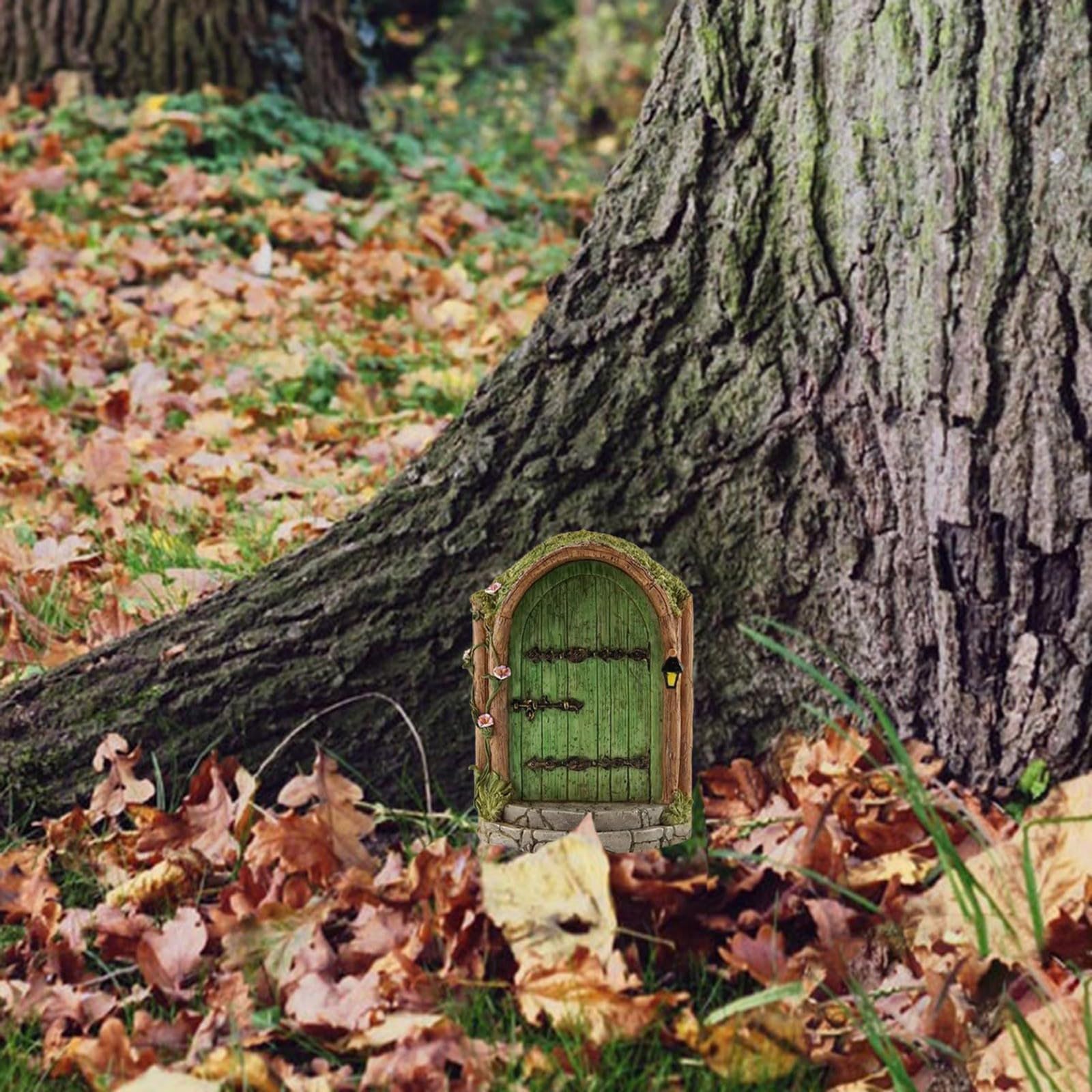 Green Fairy Door Wooden Miniature Fairy Garden Doors Outdoor Mini Fairy Gnome House Accessories for Tree Trunk Ornaments Garden Miniatures,Garden Sculptures and Statues Garden Sculptures and Statues - Image 3