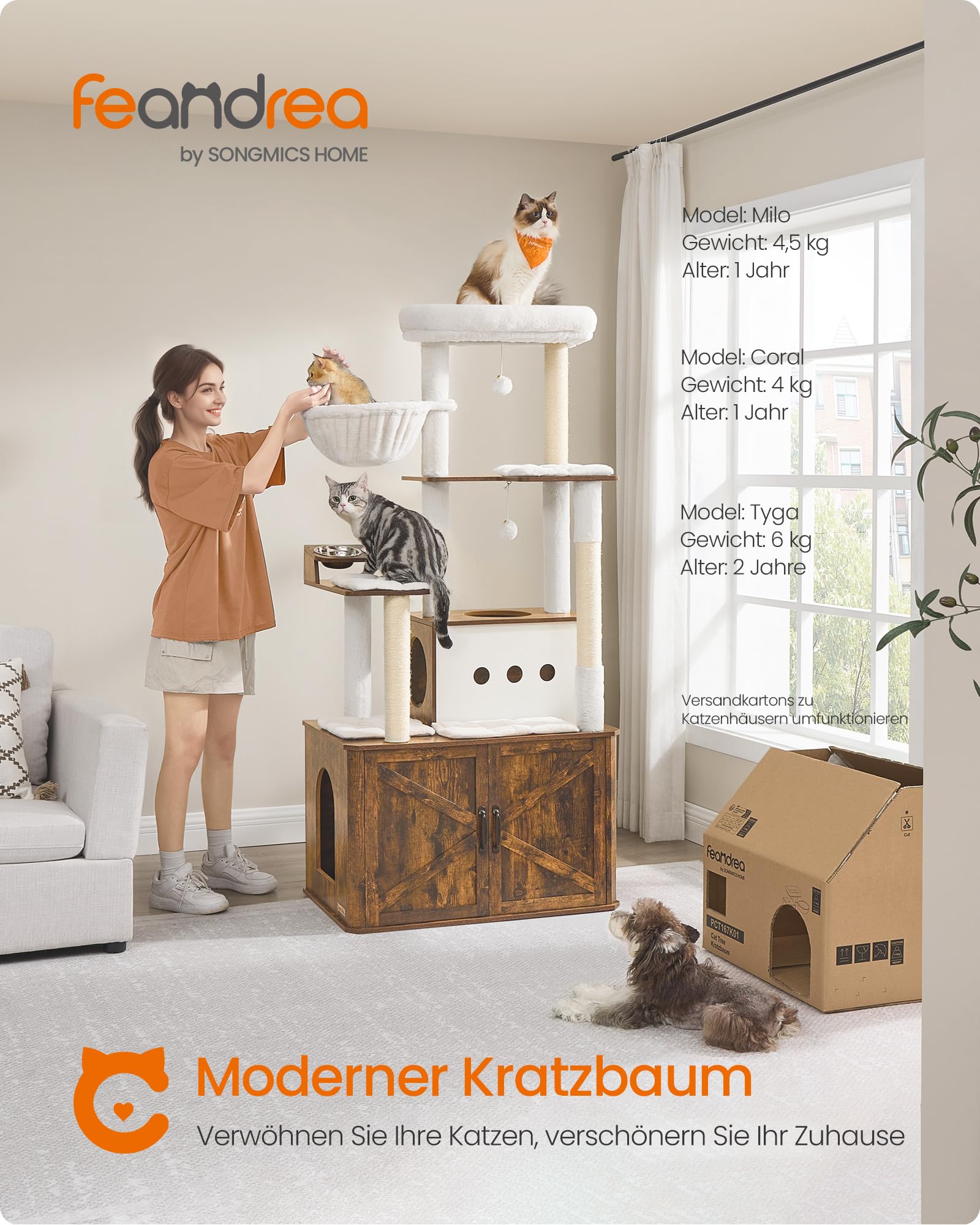 Feandrea Kratzbaum, 170 cm hoch, mehrstöckiger Katzenbaum, große Höhle, Liegemulde, Kratzstämmen, Plüschbälle, Katzenklo-Schrank, vintagebraun PCT169K01