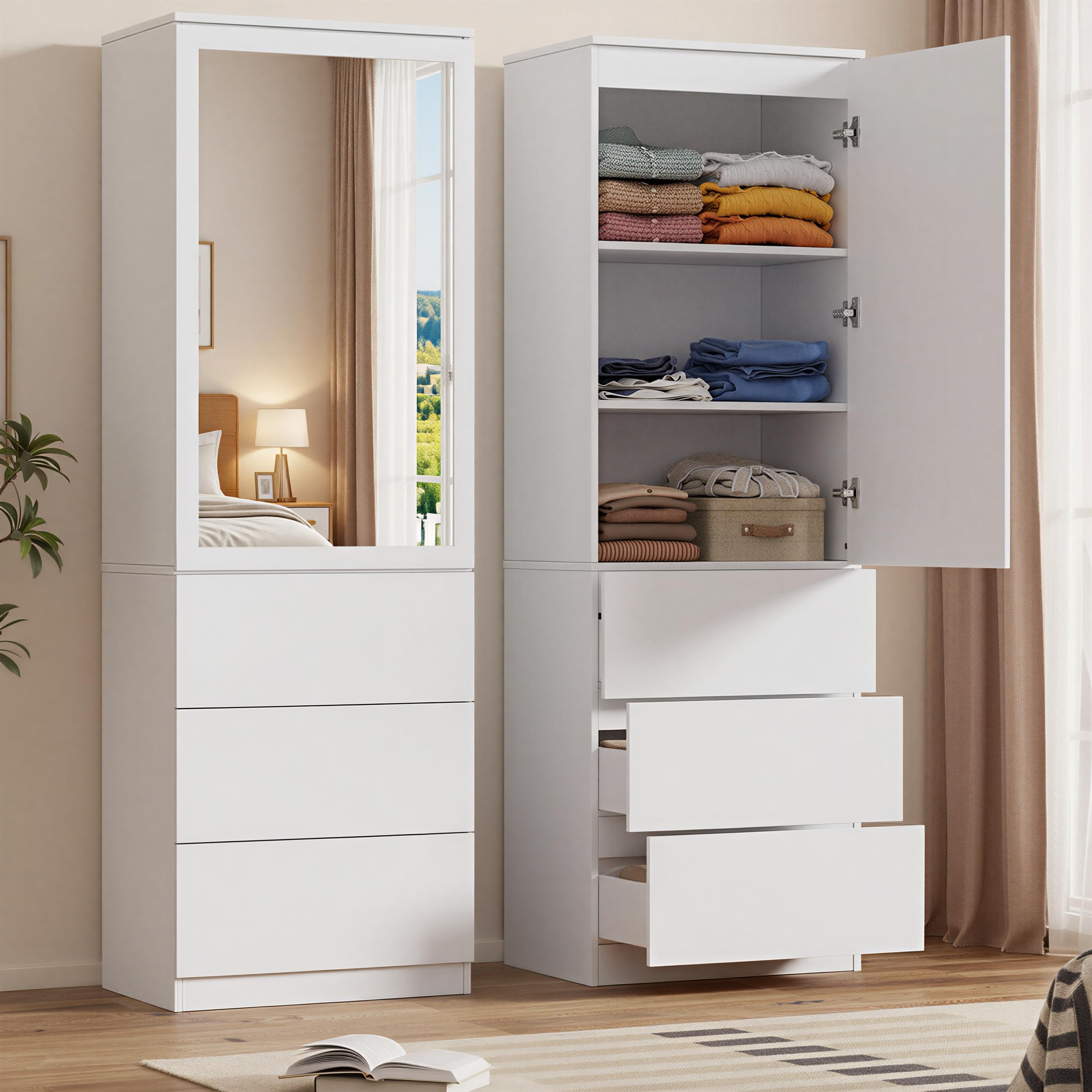 Kleiderschrank mit Spiegel,Mehrzweckschrank mit 3 Einlegeböden & 3 Schubladen, kompakter und funktionaler Schrank,Haushaltsschrank für Schlafzimmer, Flur oder Arbeitszimmer,180x50x40 cm,Weiß