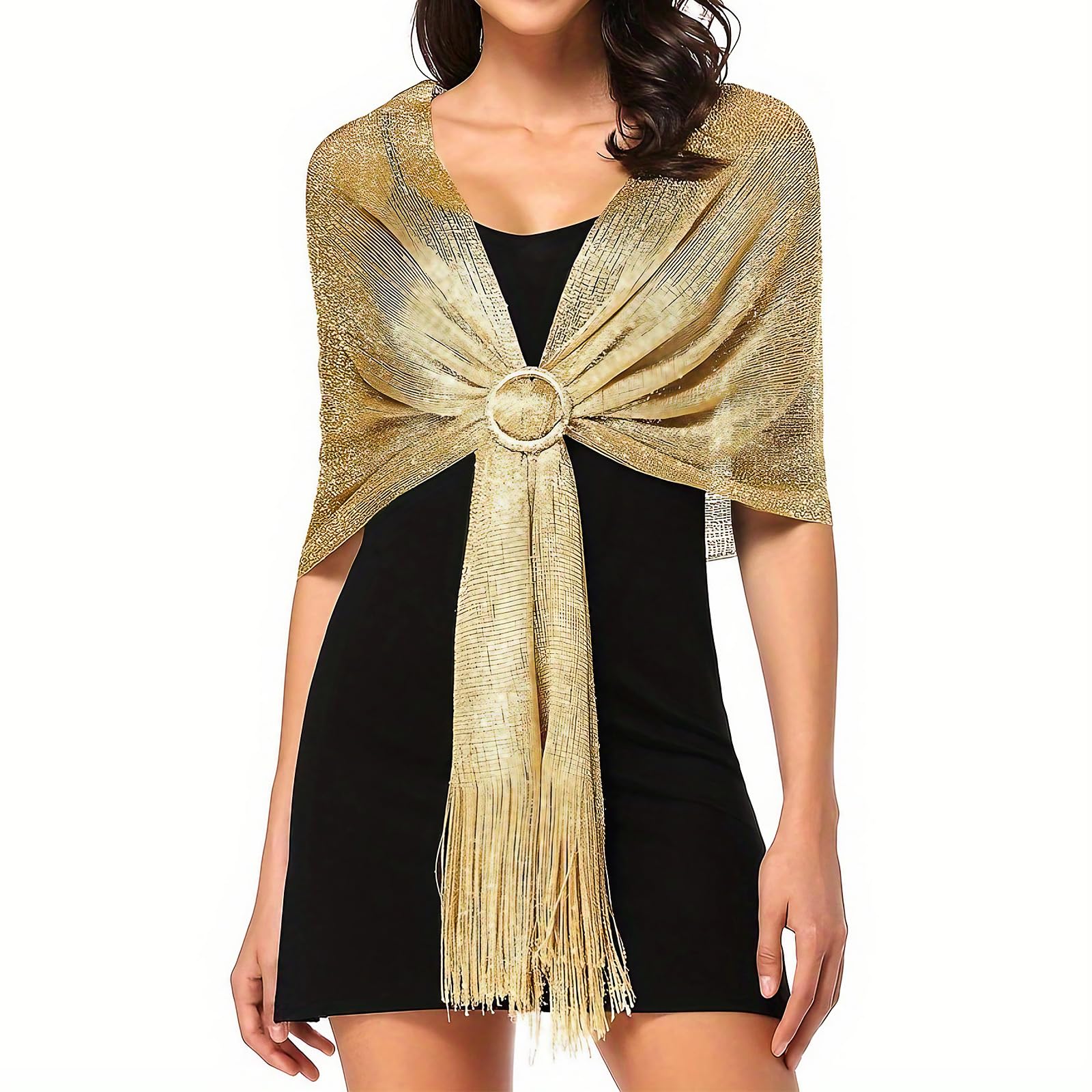 Sjaal, metallic stola voor dames, elegant, glanzend, met ringgesp, glitter, franjes, lang, licht, voor avondjurk, bruid, bruiloft, ceremonie, feest, Goud, 45x170cm Sjaal, metallic stola voor dames, elegant, glanzend, met ringgesp, glitter, franjes, lang, licht, voor avondjurk, bruid, bruiloft, ceremonie, feest, Goud, 45x170cm