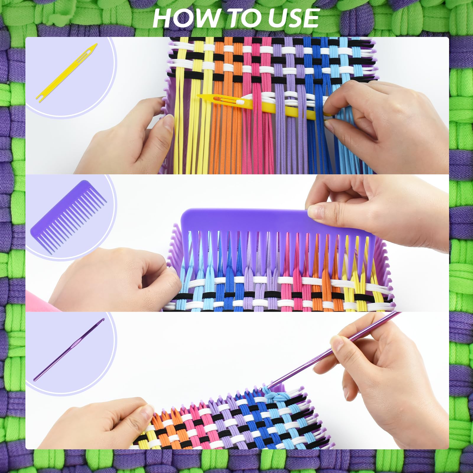 Artcome Kit di telaio per tessitura con 400 passanti di 10 colori, uncinetto in metallo, navetta, pettine per tessitura, borsa a mano, kit per presine, per ragazze e adulti (viola)