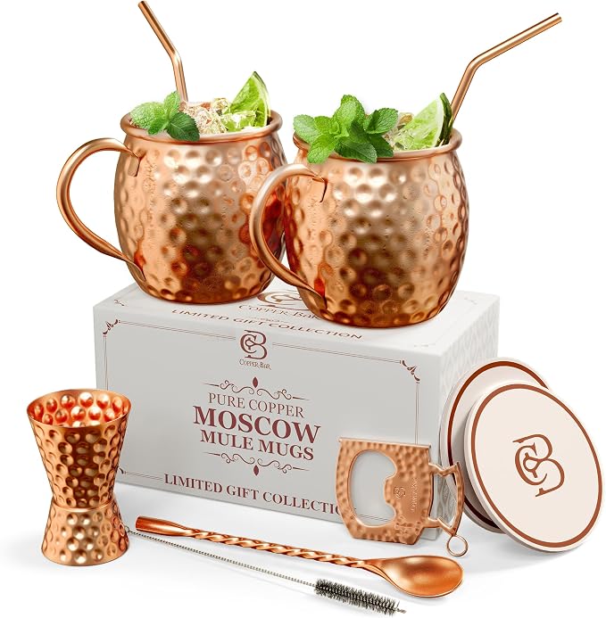 Moscow Mule Mugs | Set of 2 Hammered Cups | 100% HANDCRAFTED Pure Solid Copper | Gift Set With Cocktail Straws | Shot Glass | Coasters | Stirrer & Beer opener