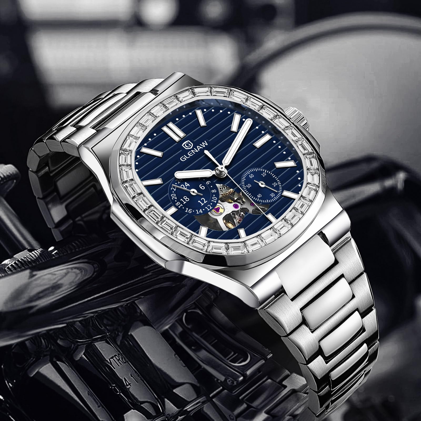 GLENAW Automatische Tourbillon-Uhren für Herren, quadratische Skelett-Uhr, Edelstahl, selbstaufziehend, mechanische Uhr, Armbanduhr