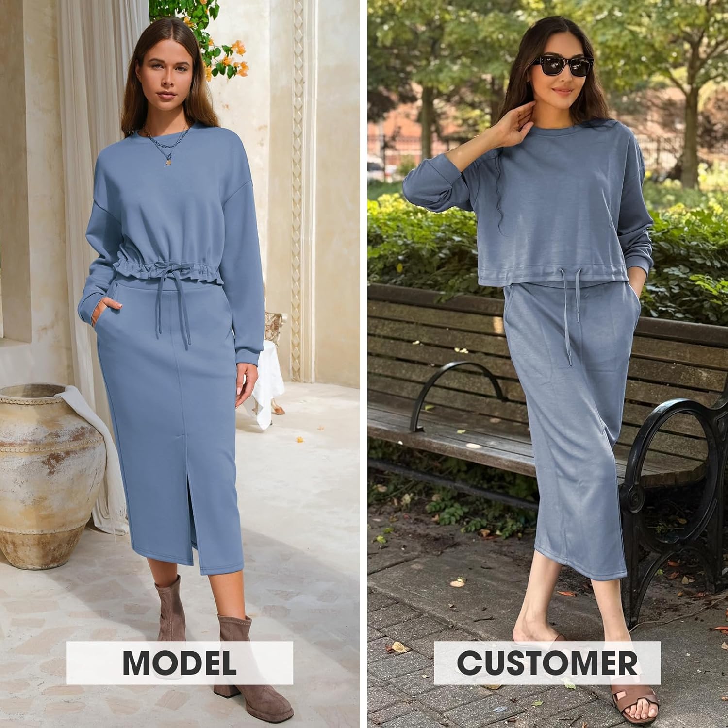 EXLURA Womens 2 Piece Skirts Set Long Sleeve Drawstring Top Midi Skirt Dress Lounge Sets Airport Travel Cruise Outfits 2026 - Image 3