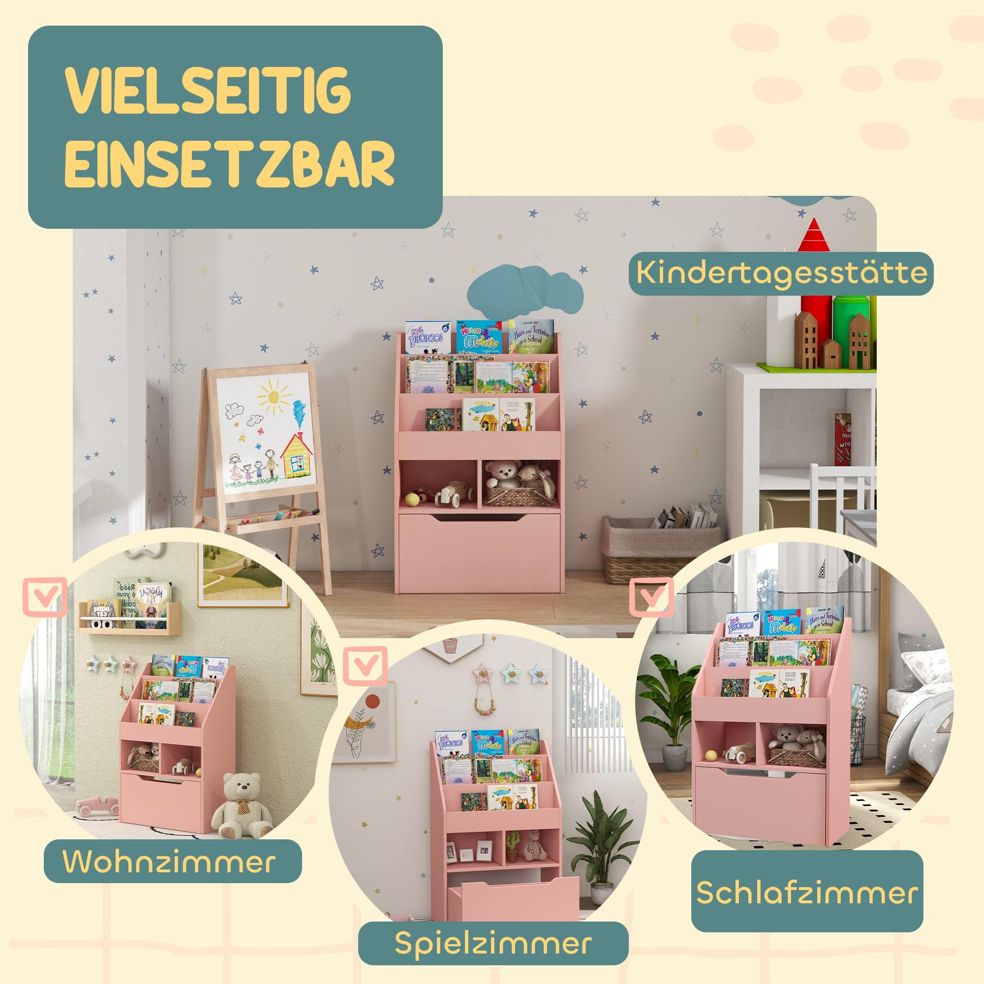 HOMCOM Kinder Bücherregal Kinderregal mit Schublade, 3 Ablagefächern und 2 offenen Fächern, Aufbewahrungsregal für Kinderzimmer, Spielzimmer, Rosa, 60 x 29,9 x 90 cm