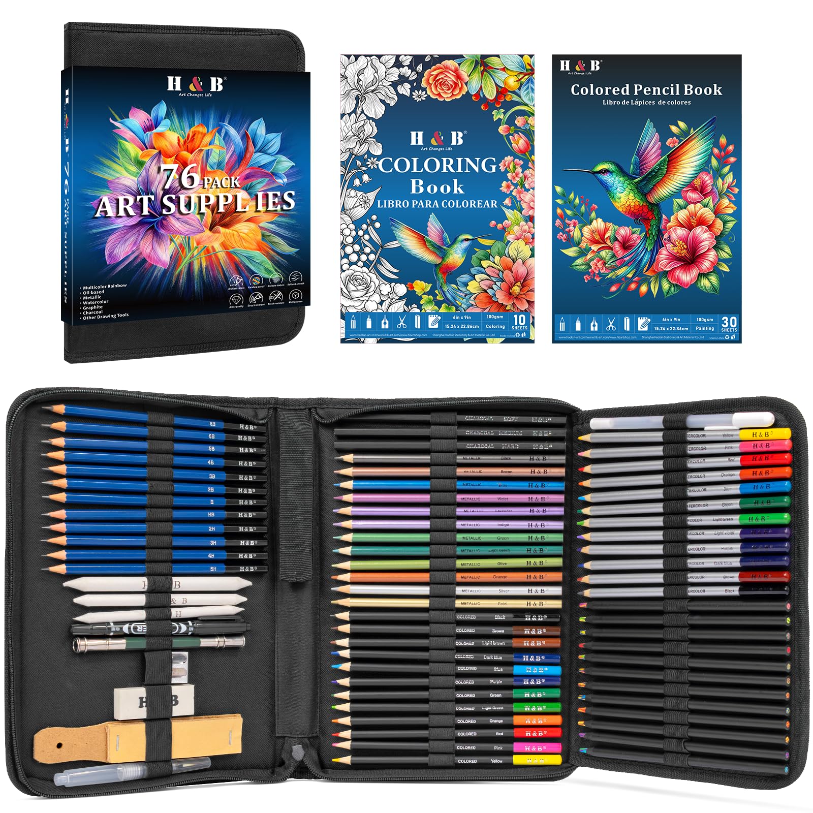 H & B Kit de croquis de 76 pièces, fournitures artistiques avec carnet de