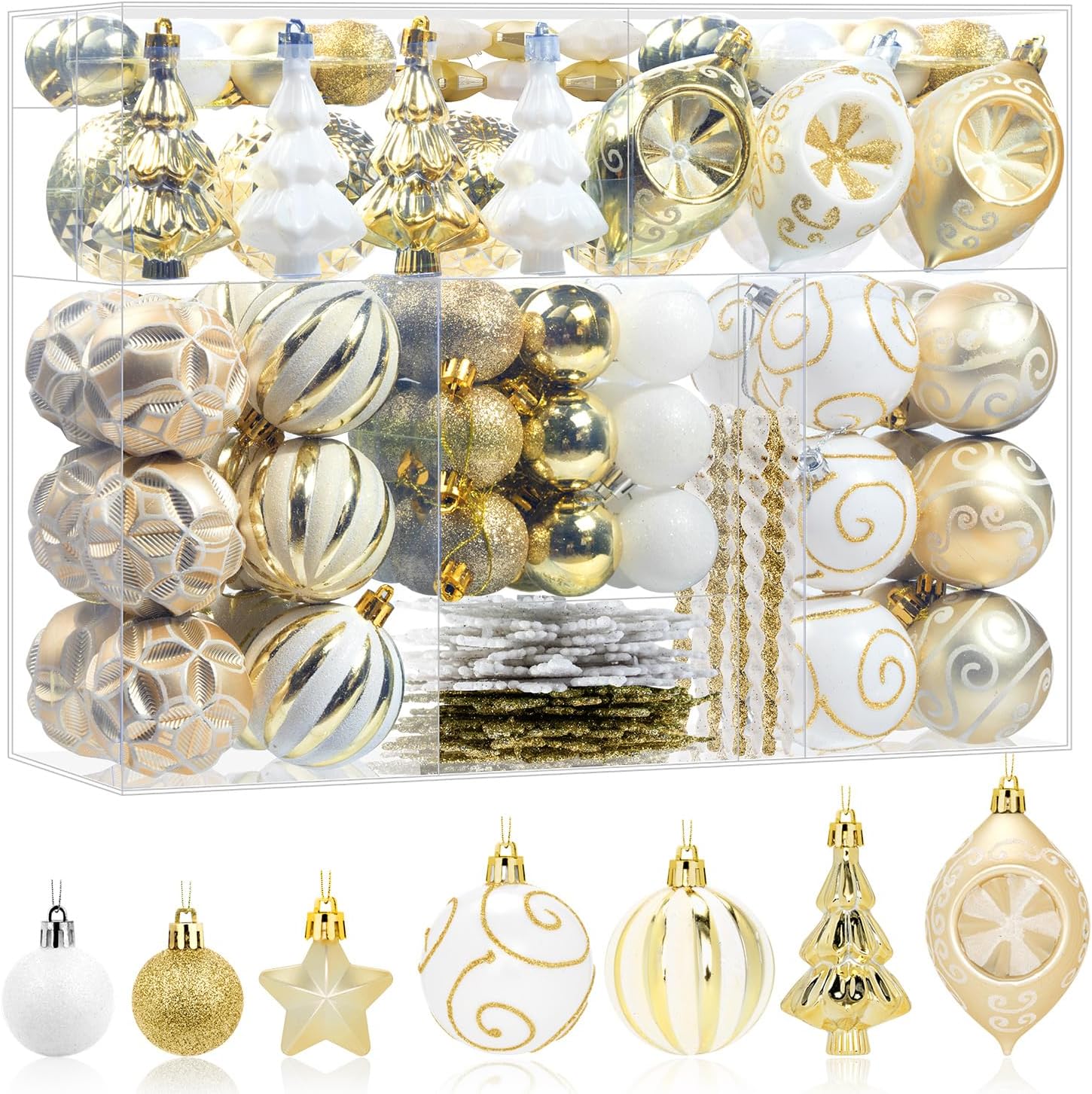 108 Pcs White and Gold Christmas Ball Ornaments Set, Xmas Tree Ornament Bulk Decoration, Shatterproof Decorative Hanging Baubles for Party Holiday Wreath Garland Home Decor