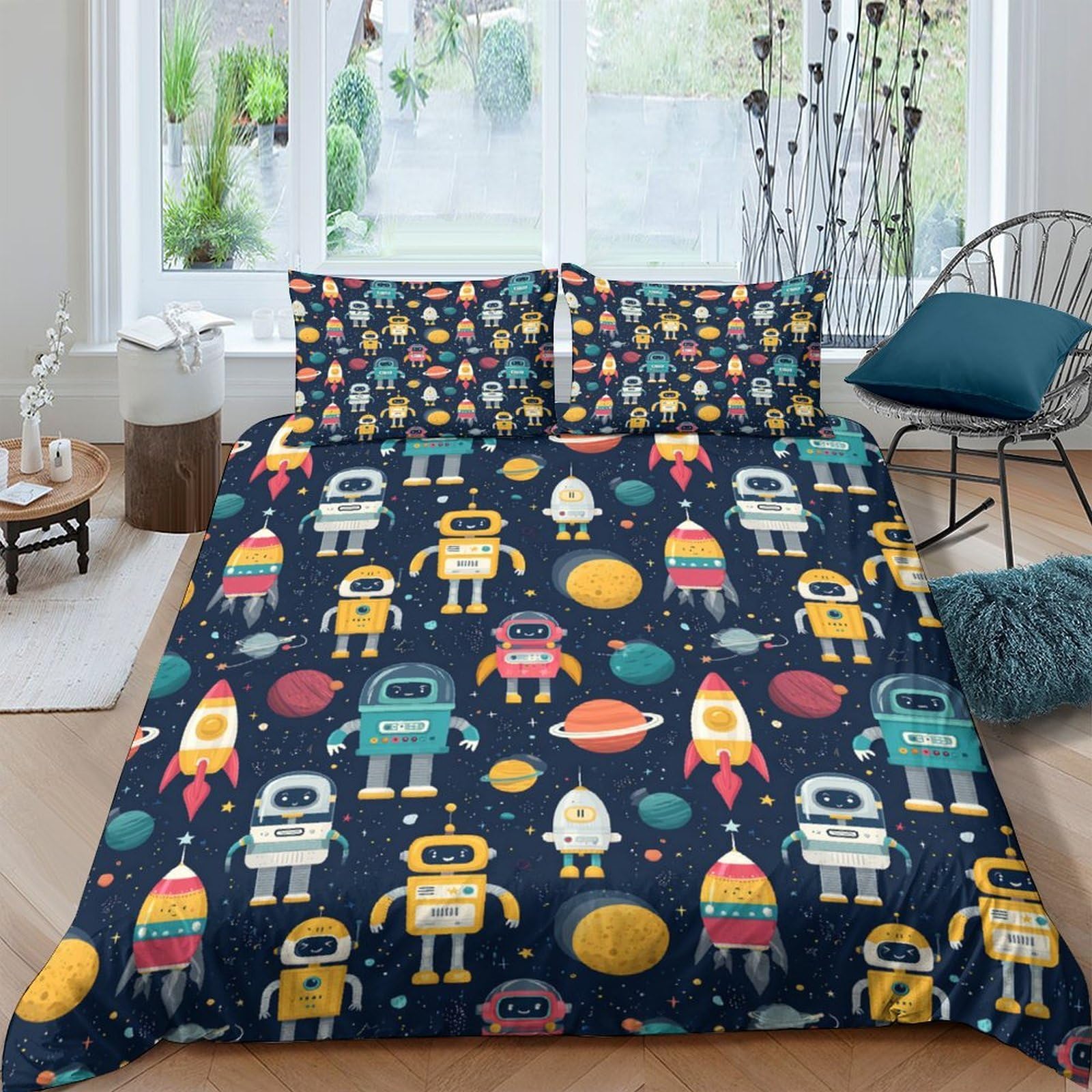GPLZQXKJNH 3D Printed Robot Space Duvet Cover Microfiber Soft Breathable Rocket Bedding Set with 2 Pillowcases for Bedroom Decor Single（135x200cm）